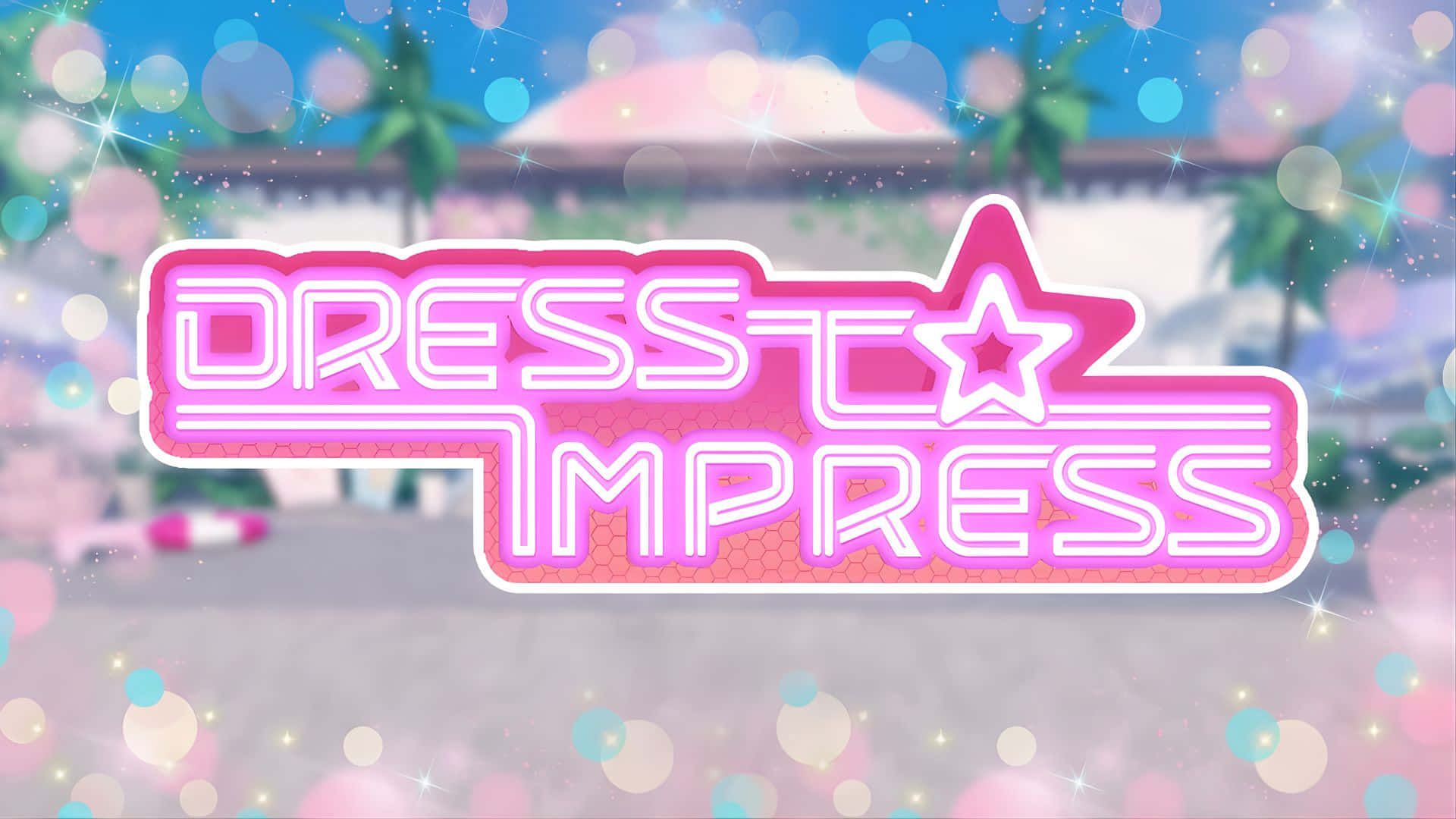  壁紙 — 鮮豔的粉紅色霓虹燈招牌，上面寫著「DRESS TO IMPRESS」，帶有星星點綴，背景是夢幻的熱帶風情和散景燈光。