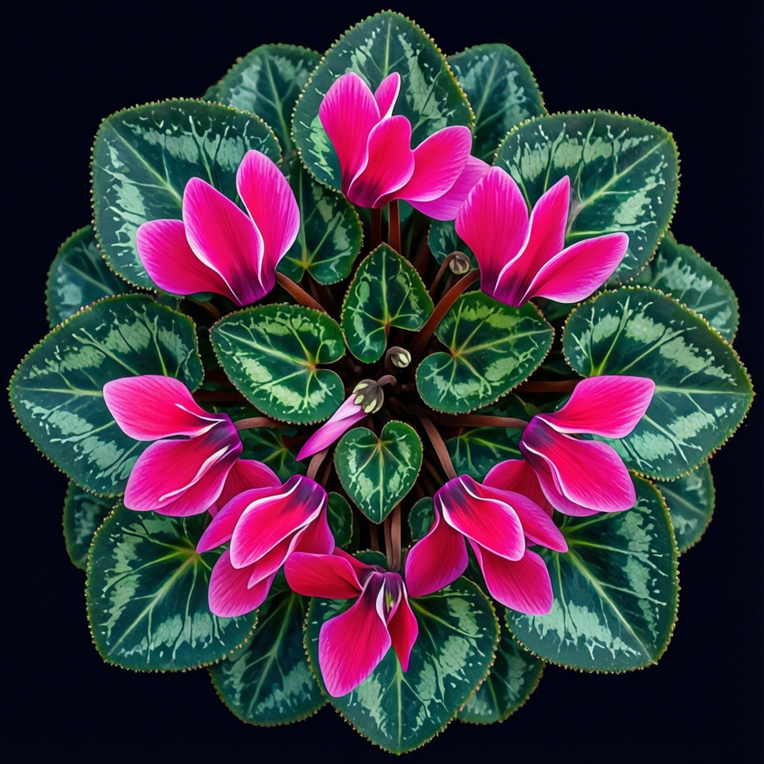 Symmetrical Cyclamen Pattern 壁紙 — 鮮豔的粉紅色仙客來花朵在圖案綠葉上綻放，背景為純黑色。