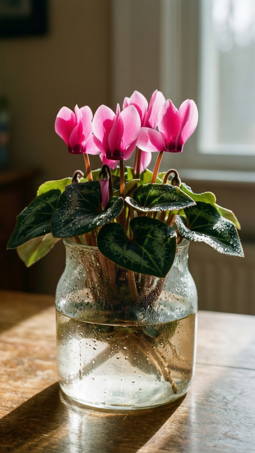 Cyclamen in Vase 壁紙 — 鮮豔的粉紅色仙客來花在一個裝滿水的透明玻璃罐中盛開，放在陽光照射的窗邊木桌上。