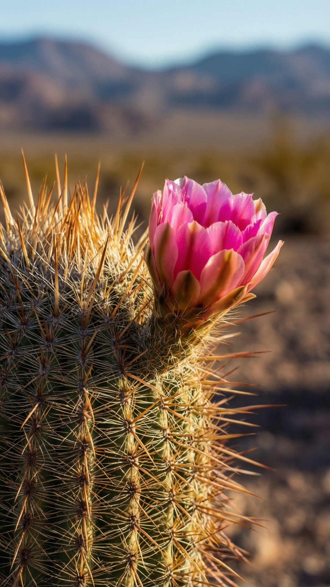 Cactus Flower in Atacama 壁紙 — 一朵鮮豔的粉紅色仙人掌花在帶刺的綠色仙人掌頂端盛開，背景是模糊的沙漠山脈。