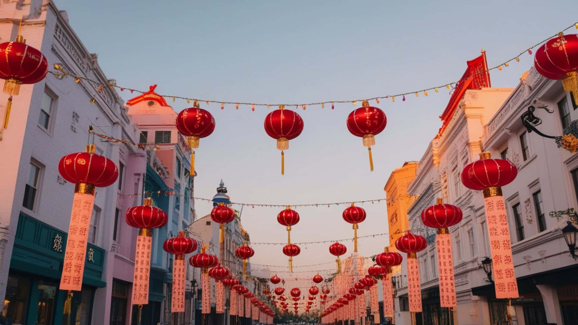  壁紙 — 鮮豔的紅色燈籠成排懸掛在一條色彩繽紛的街道上，街道兩旁是金色時刻的粉彩建築。