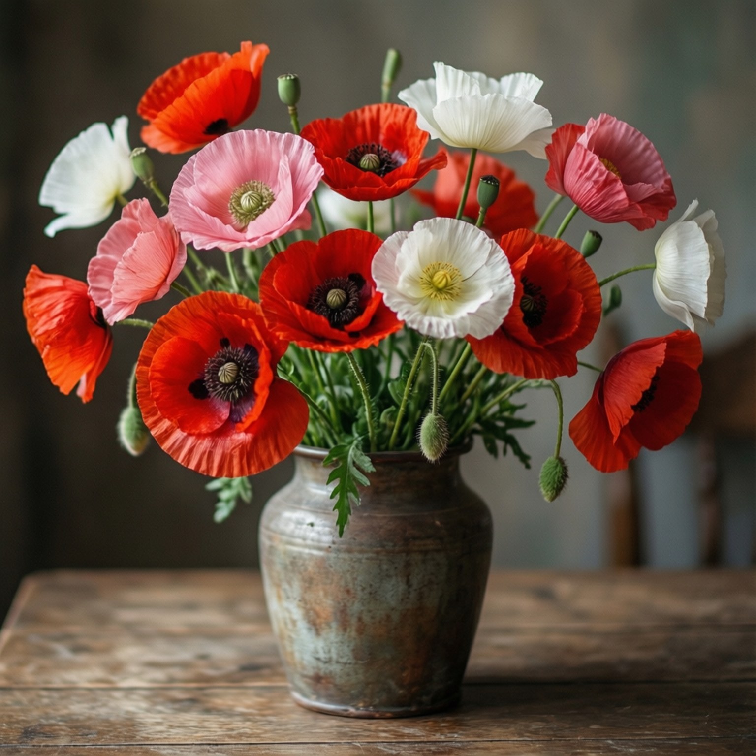 Poppy Bouquet 壁紙 — 鮮豔的紅色、粉紅色和白色罌粟花在一個古樸的金屬花瓶裡盛開，花瓶放在一張風化的木桌上。