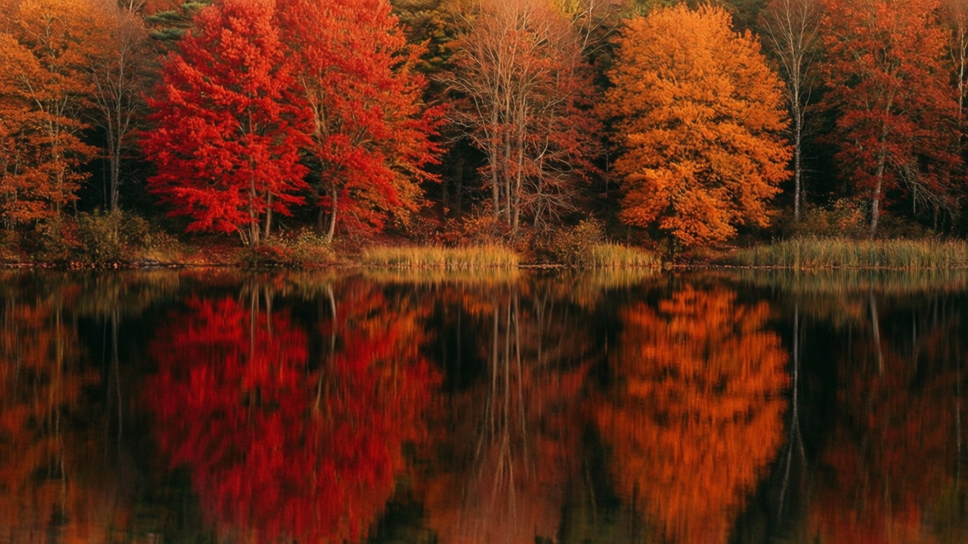 Lake of Autumn Colors 壁紙 — 鮮豔的紅色和橙色秋樹沿著平靜的湖邊矗立，完美地倒映出它們火熱的色彩。