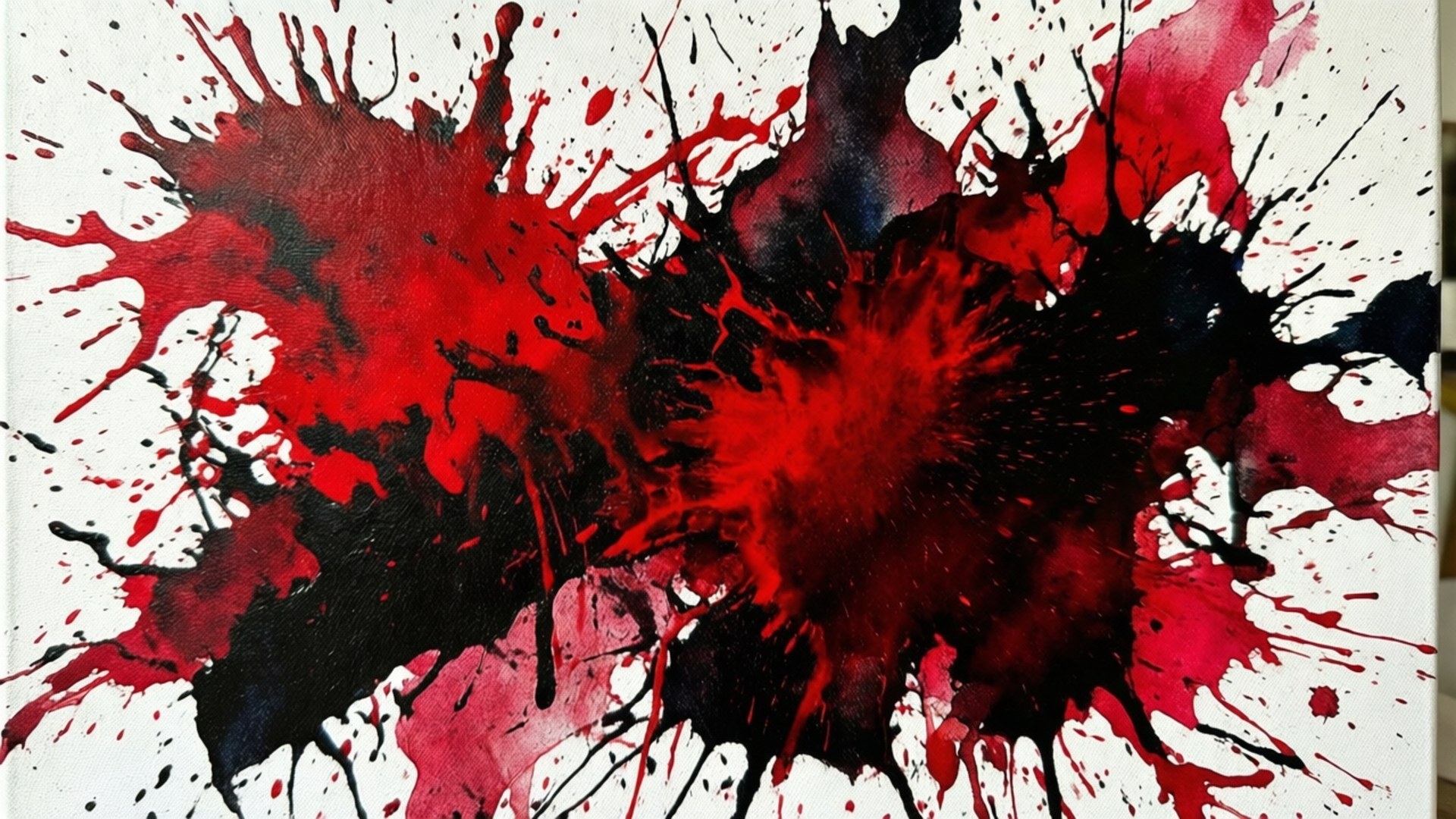 Ink Splatter 壁紙 — 鮮豔的紅色和黑色油漆飛濺在純白畫布上爆炸開來，形成動態的抽象構圖。