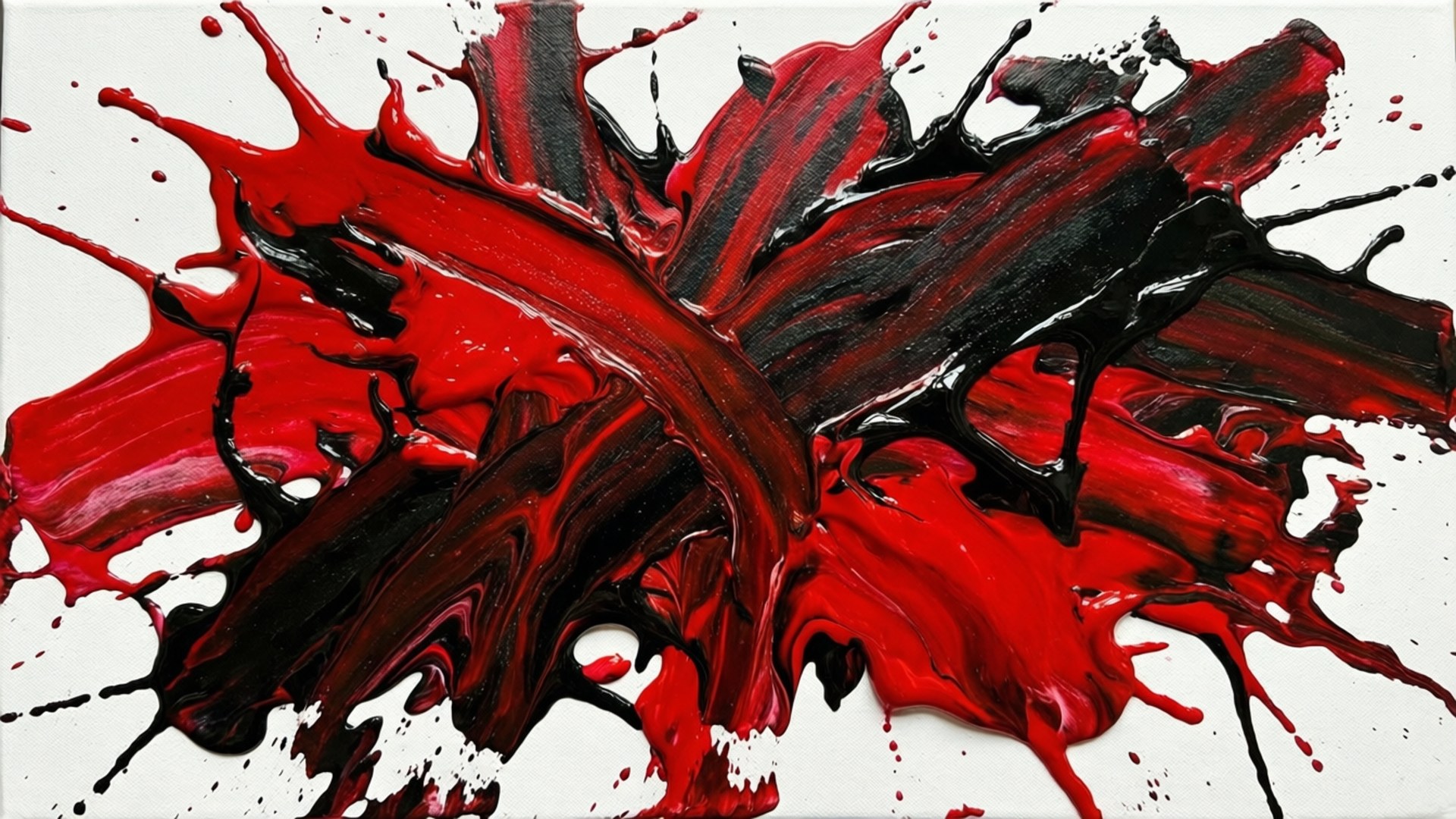 Paint Splatter 壁紙 — 鮮豔的紅色和黑色油漆飛濺在純白色畫布上動態爆炸，構成抽象表現主義作品。