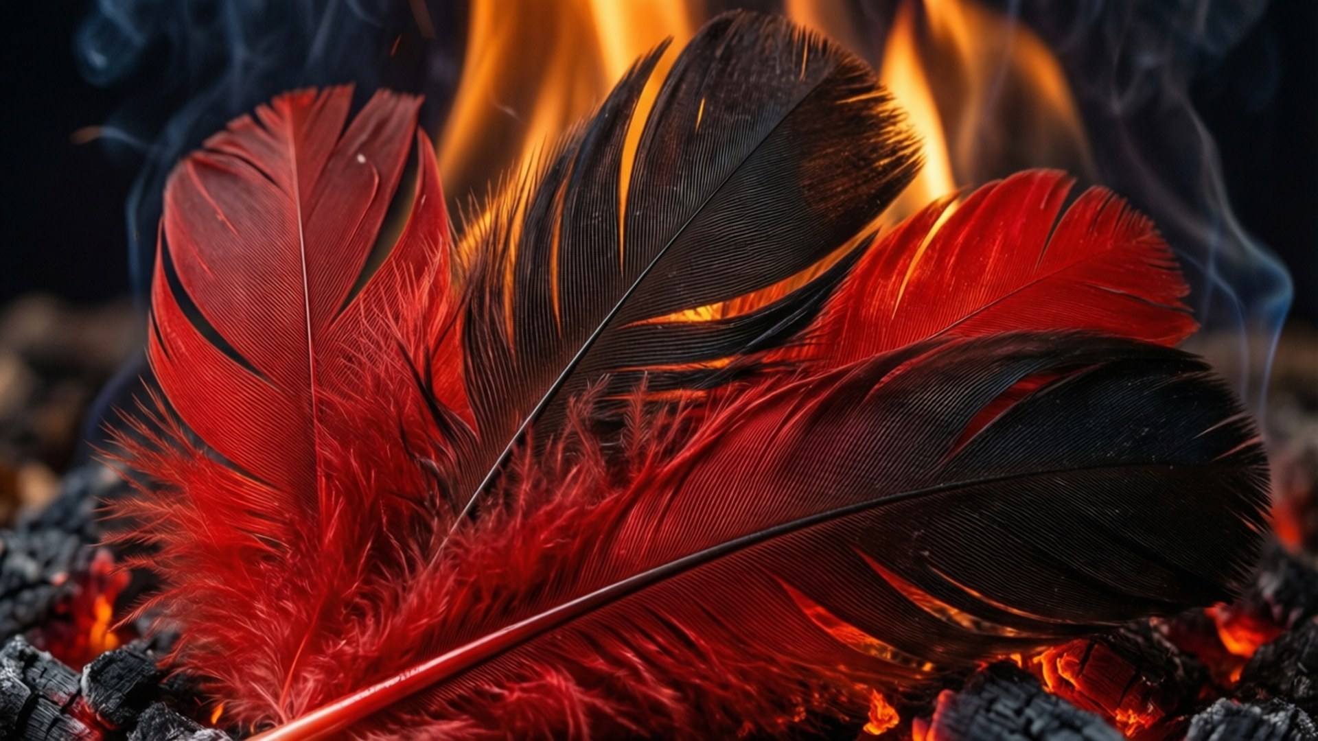 Fiery Feathers 壁紙 — 鮮豔的紅色和黑色羽毛停留在發光的餘燼上，火焰在它們後面舞動，投射出溫暖的光芒。