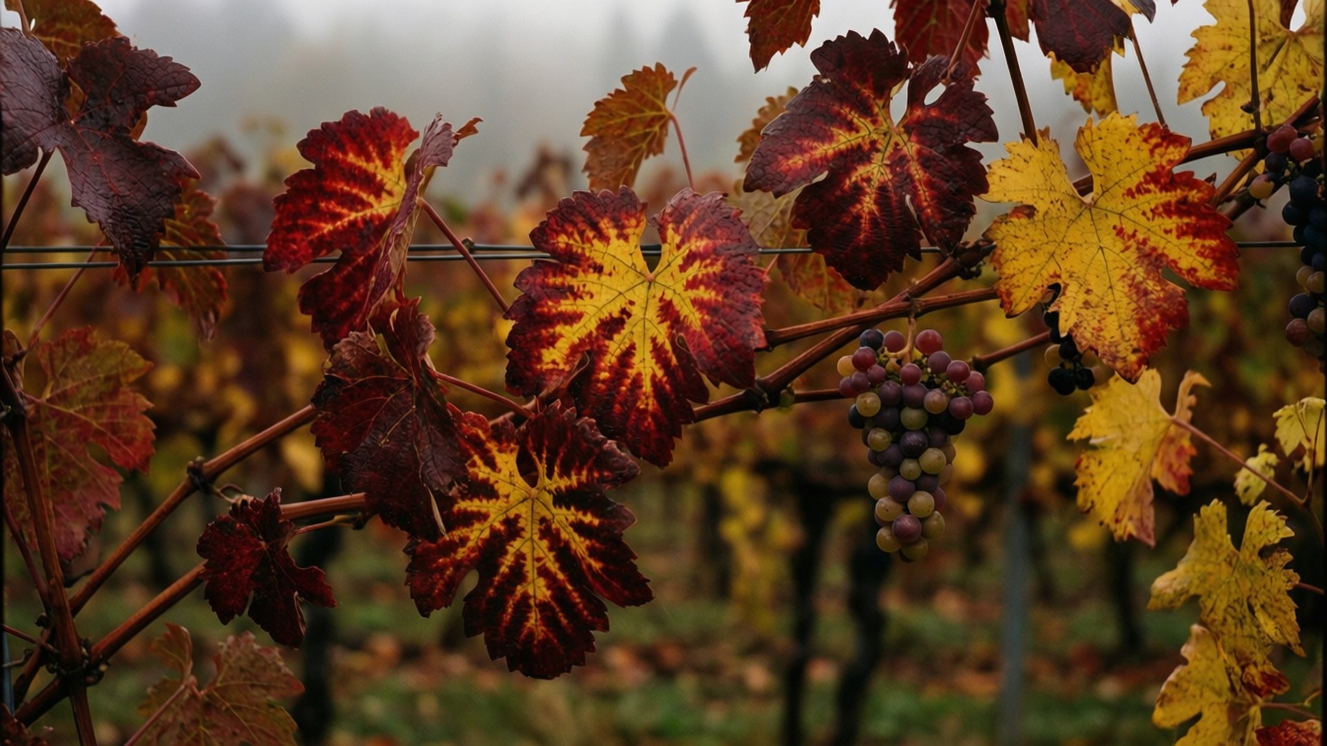 Autumn Grapevine 壁紙 — 鮮豔的紅色和黃色葡萄葉，掛著一串串紫色葡萄，懸掛在霧濛濛的秋季葡萄園中。
