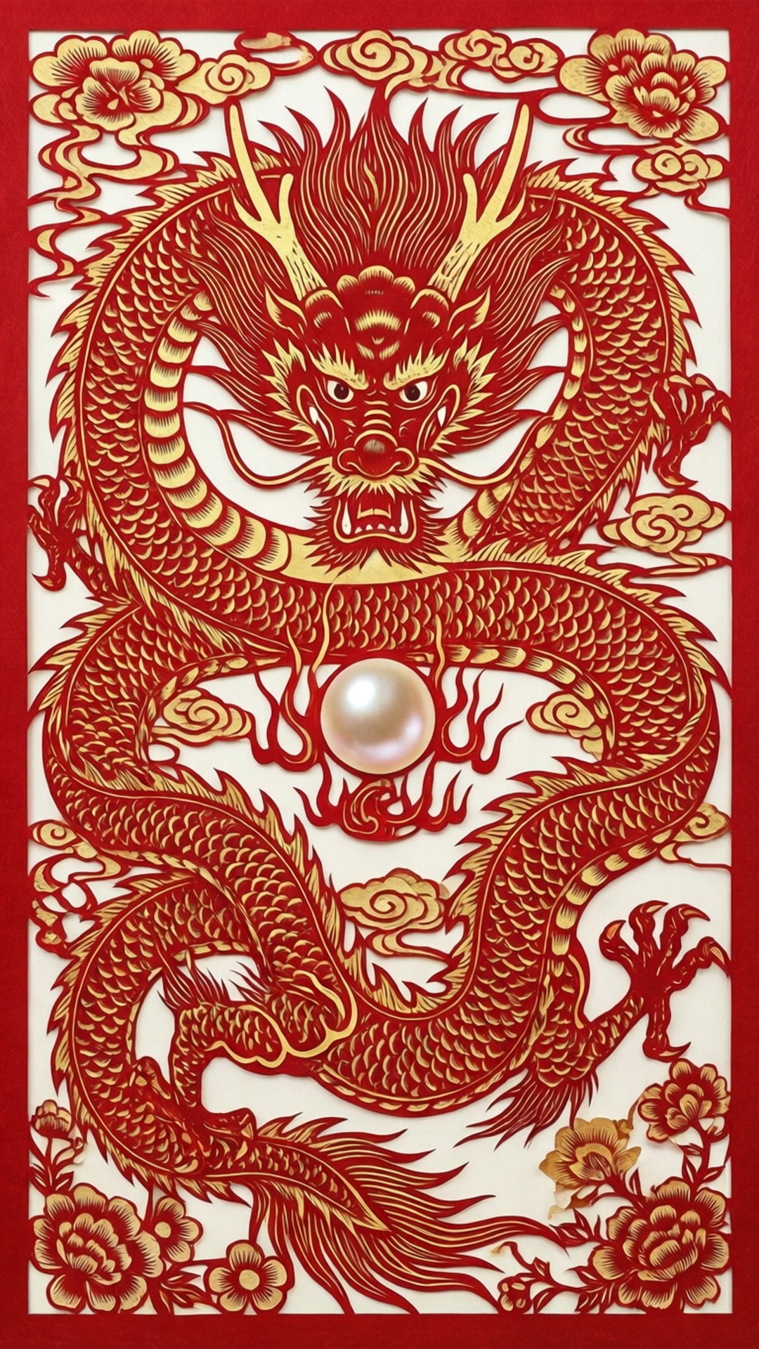 民間藝術 桌布 壁紙 — 鮮豔的紅色和金色中國剪紙龍環繞著一顆珍珠，周圍有花卉圖案和旋轉的雲朵。