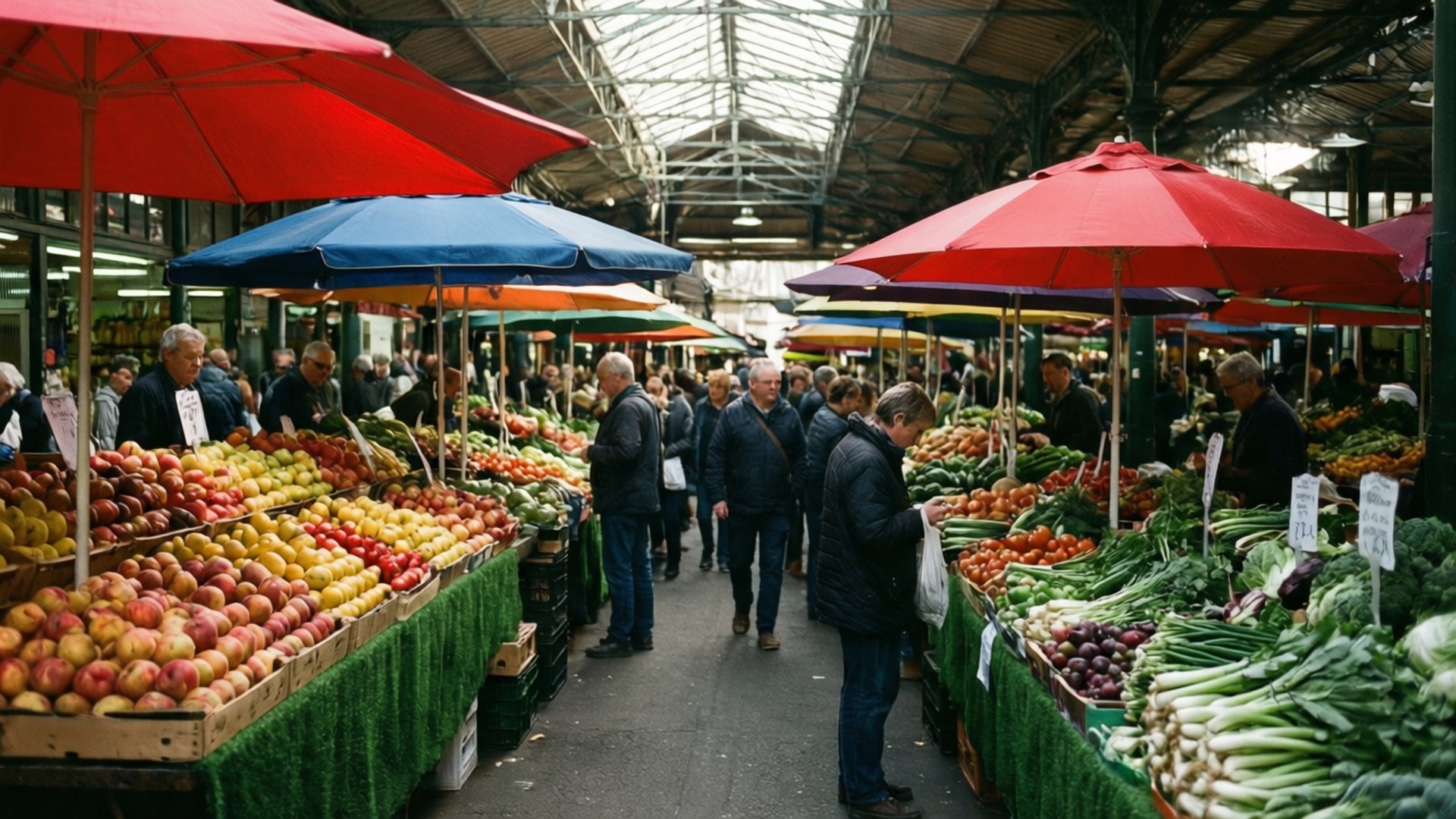 Queen Victoria Market 壁紙 — 鮮豔的紅色和藍色雨傘為熙熙攘攘的攤位遮蔭，攤位上擺滿了新鮮的蘋果、番茄和綠葉蔬菜，營造出一個熱鬧的室內農貿市場。