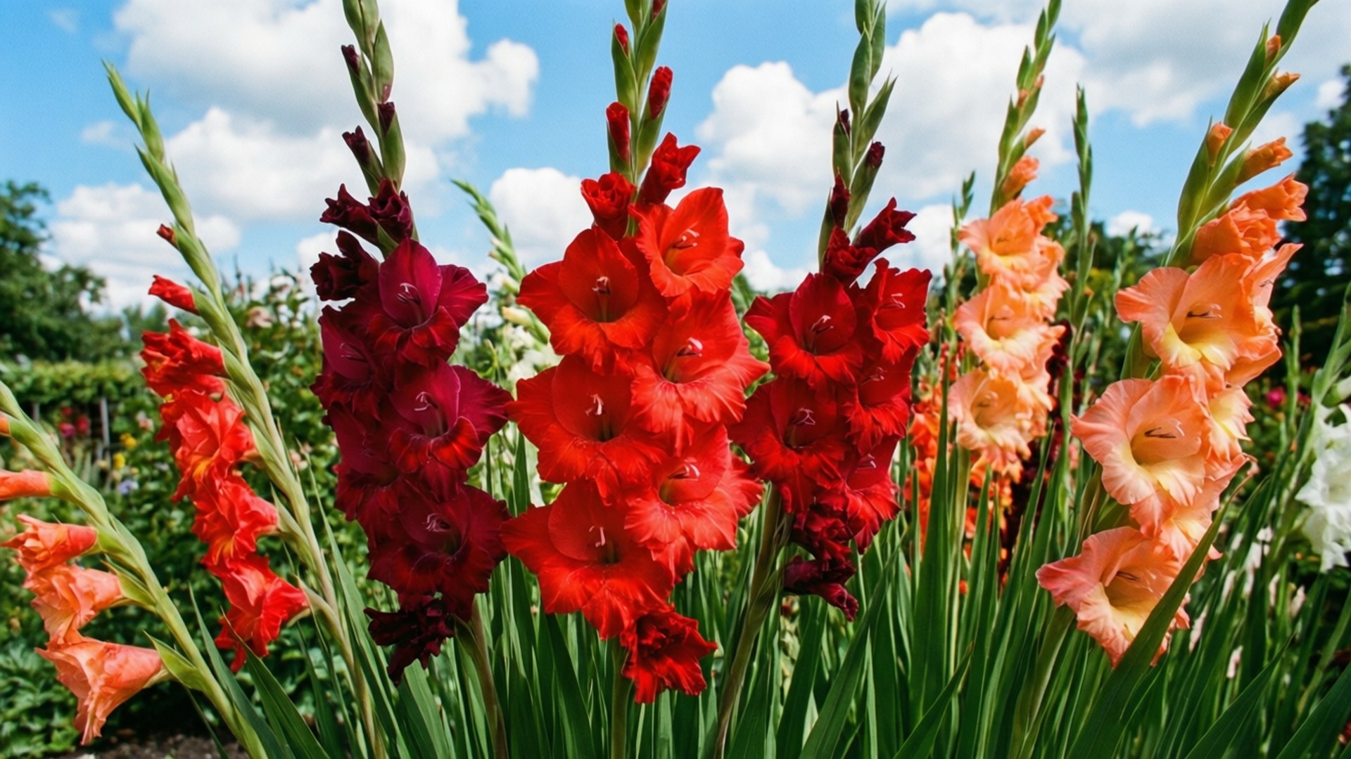 Sunny Gladiolus Garden 壁紙 — 鮮豔的紅色和桃色劍蘭花在明亮的藍天和 fluffy 白雲下高高綻放。