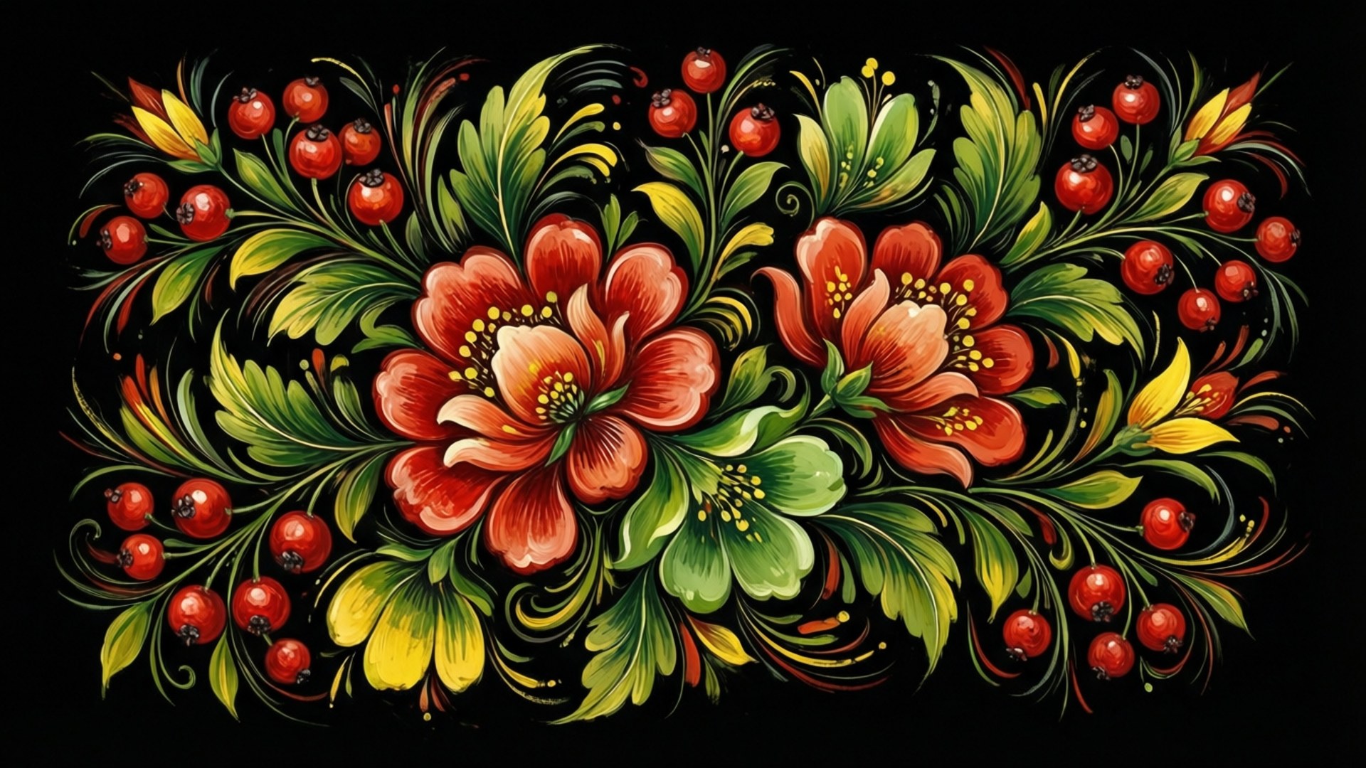 Petrykivka Flowers 壁紙 — 鮮豔的紅色花朵和漿果，搭配旋轉的綠色葉子，在純黑色背景上以華麗的民間藝術風格裝飾。