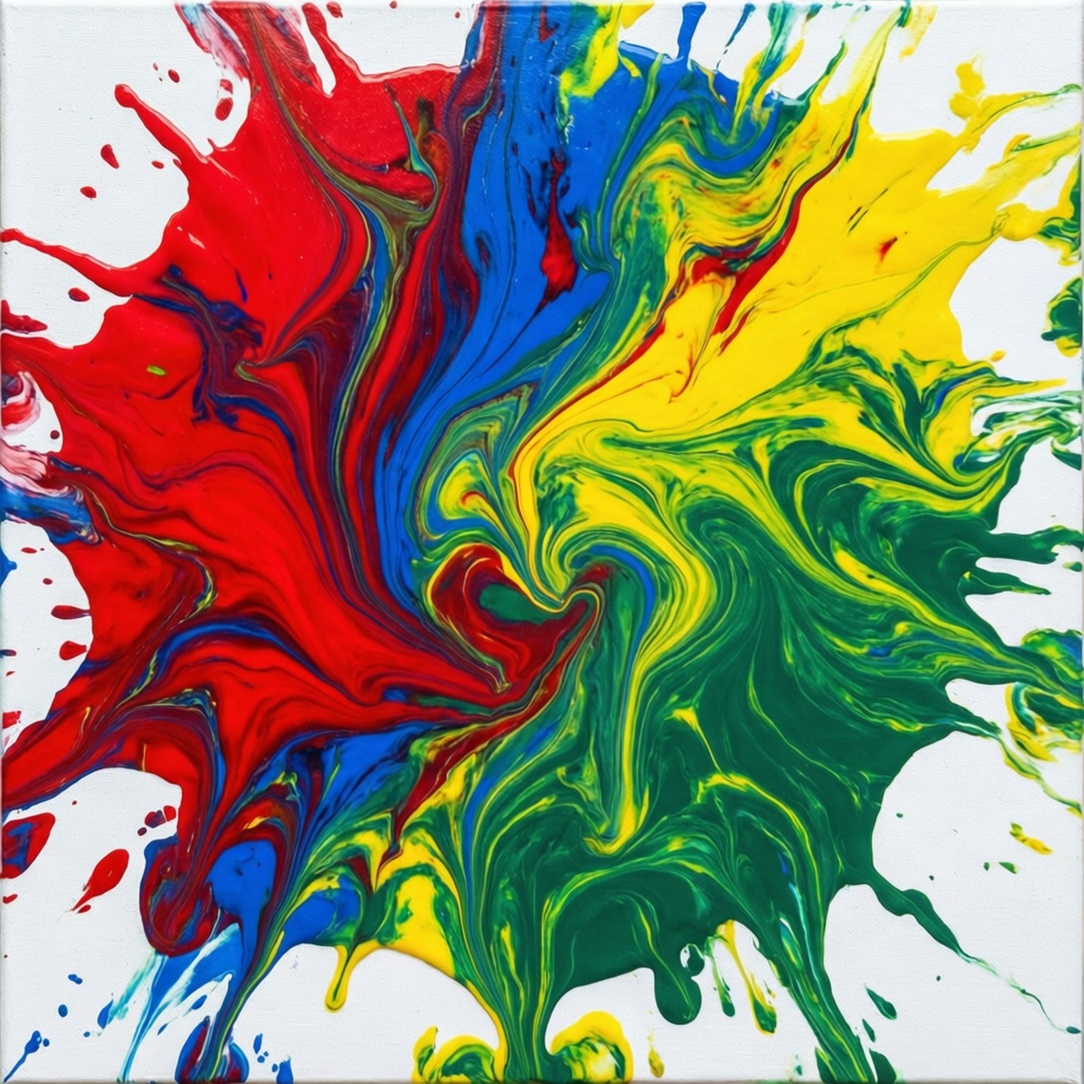 Fluid Dreams 壁紙 — 鮮豔的紅色、藍色和黃色油漆漩渦在白色畫布上爆炸性地擴散，形成動態的抽象構圖。