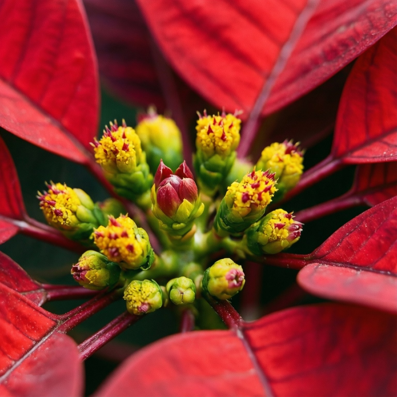 Poinsettia Center Macro 壁紙 — 鮮豔的紅色聖誕紅苞片包圍著一簇黃色和綠色的花蕾，對焦清晰。