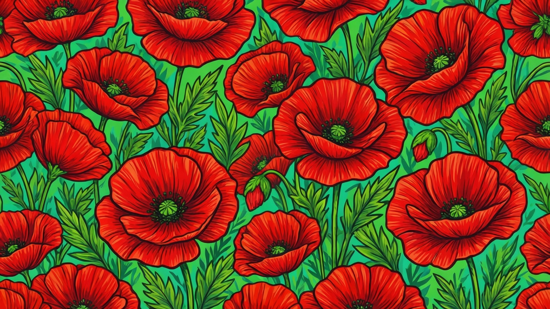Poppies 桌布 壁紙 — 鮮豔的紅色罌粟花，帶有綠色花心，在鮮明的青綠色背景上密集綻放，形成重複圖案。