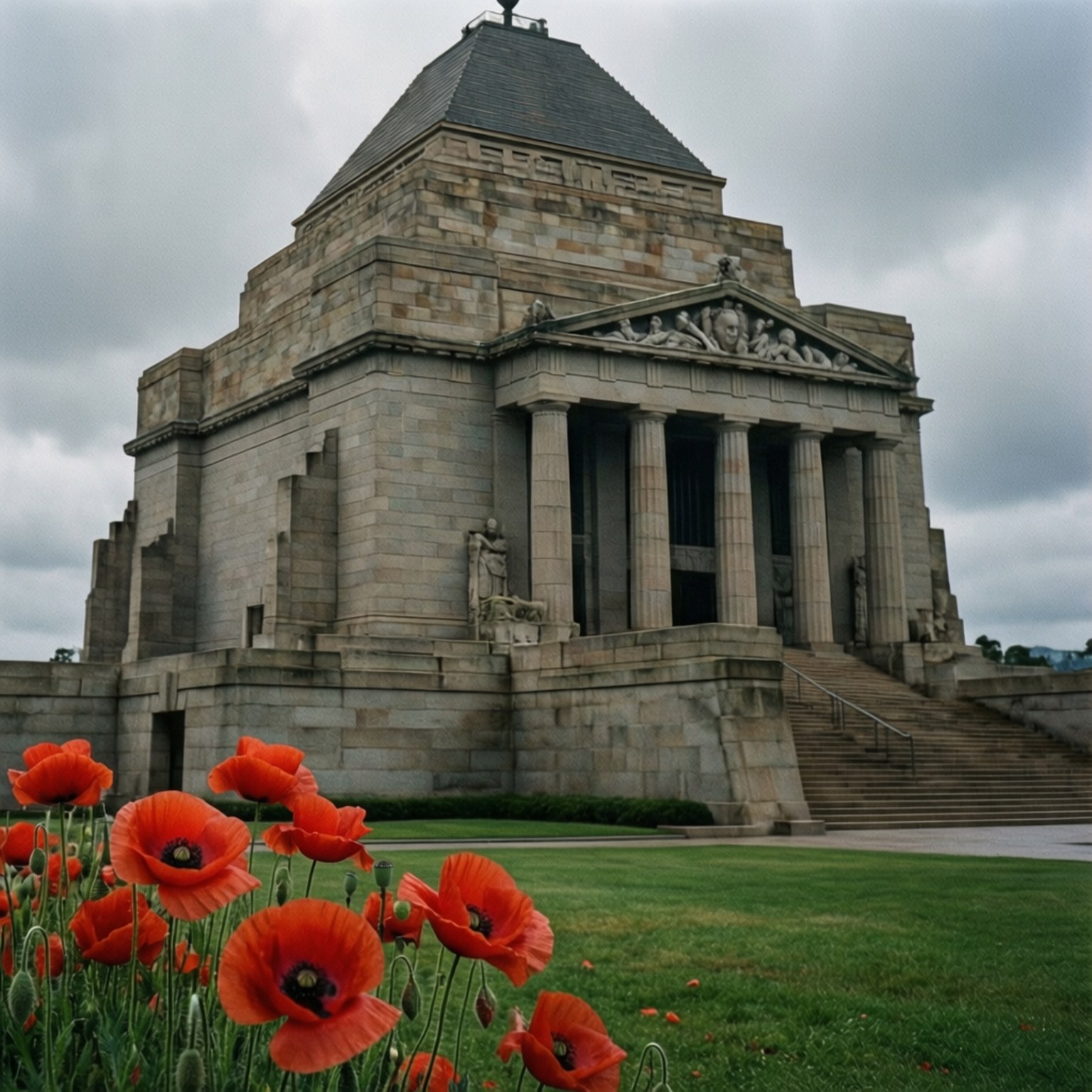 Memorial Poppies 壁紙 — 鮮豔的紅色罌粟花在前景盛開，背景是陰天下一座宏偉古典紀念碑的莊嚴石質立面。