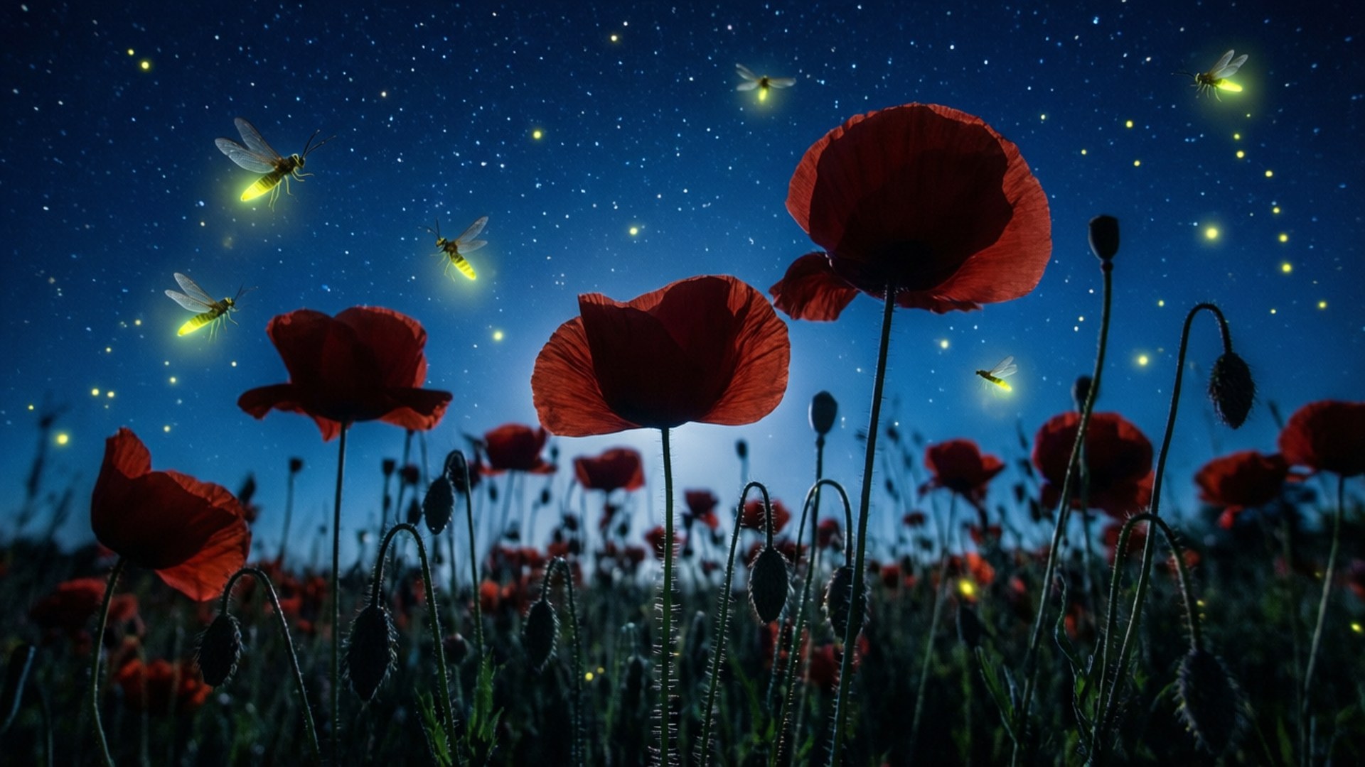 Midnight Poppies 壁紙 — 鮮豔的紅色罌粟花在星空下搖曳，發光的螢火蟲在上方飛舞。