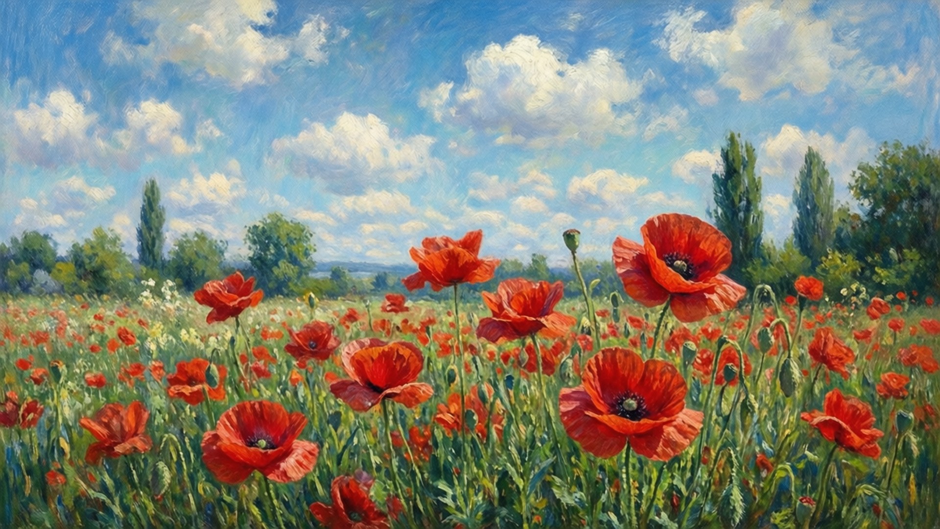 Poppy Field Bliss 壁紙 — 鮮豔的紅色罌粟花在陽光明媚的田野中盛開，藍天白雲。