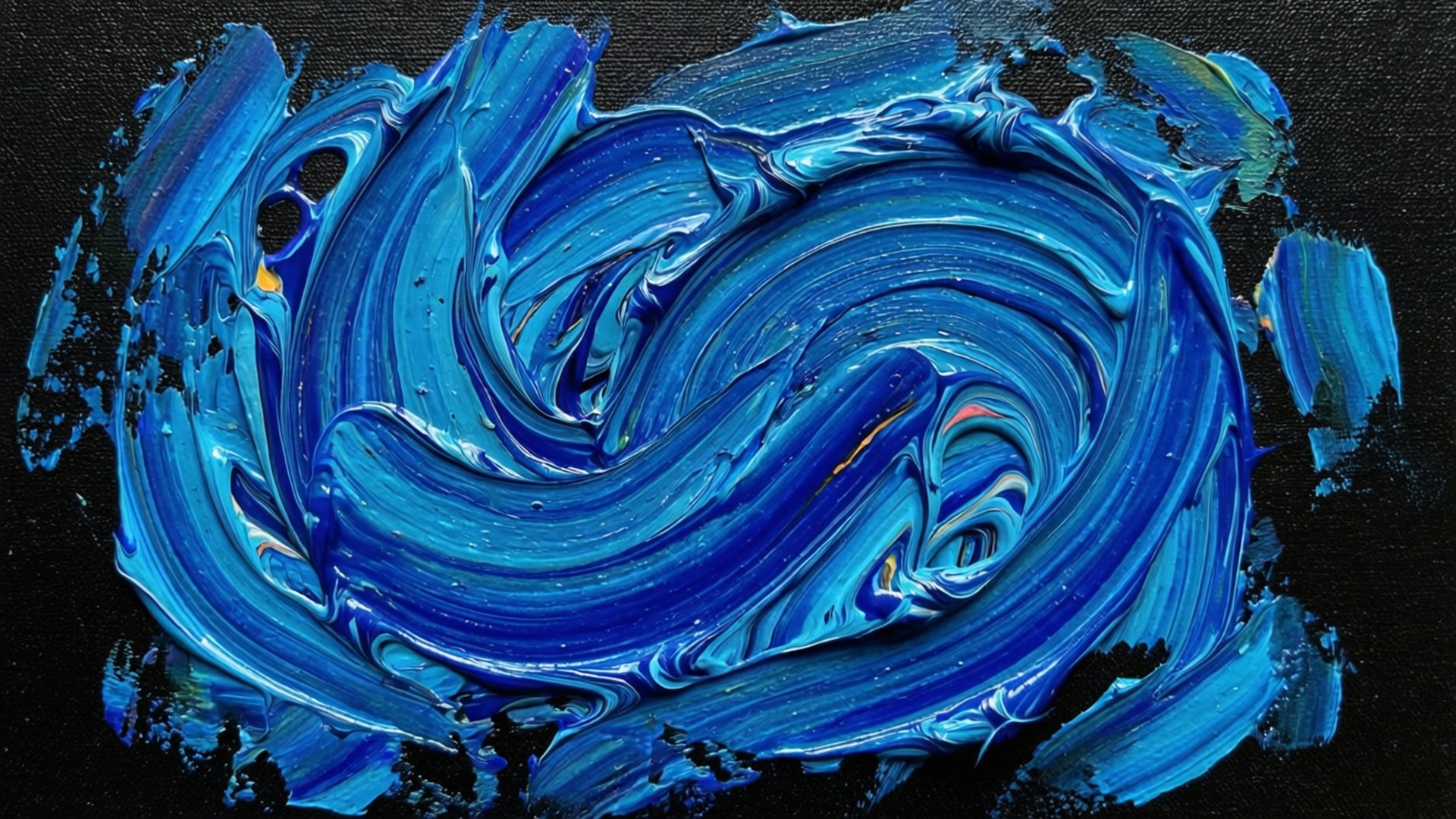 Oil Blue Swirls 壁紙 — 鮮豔的厚藍色顏料在深色紋理畫布上動態旋轉，創造出大膽的抽象構圖。