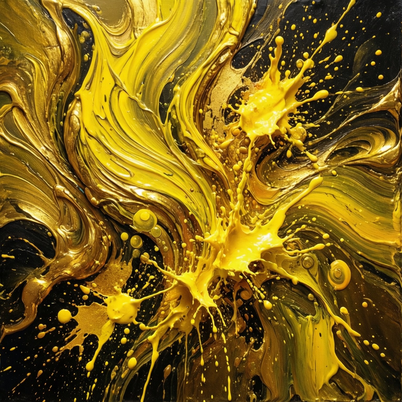 Golden Swirl Abstract 壁紙 — 鮮豔的黃色油漆飛濺和漩渦在深黑色背景上動態流動，創造出大膽的抽象構圖。