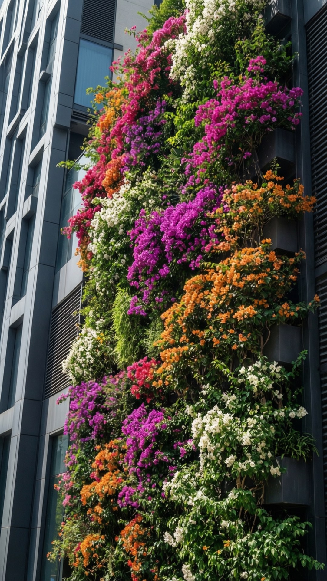 Vertical Garden Bougainvillea Wall 壁紙 — 鮮豔的九重葛花朵沿著現代建築外牆傾瀉而下，呈現出粉紅、橙、白和綠色的繽紛色彩。