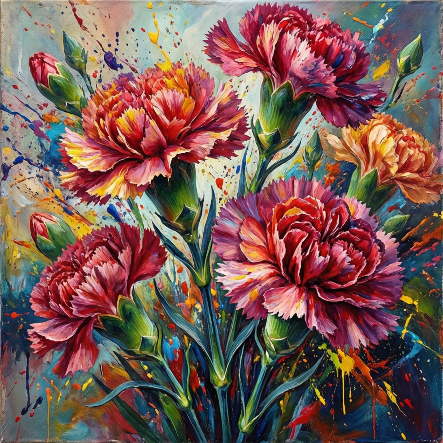 Abstract Vibrant Carnations 壁紙 — 鮮豔的康乃馨以豐富的紅色、粉紅色和黃色，在藍色和黃色的動態潑濺背景中綻放。