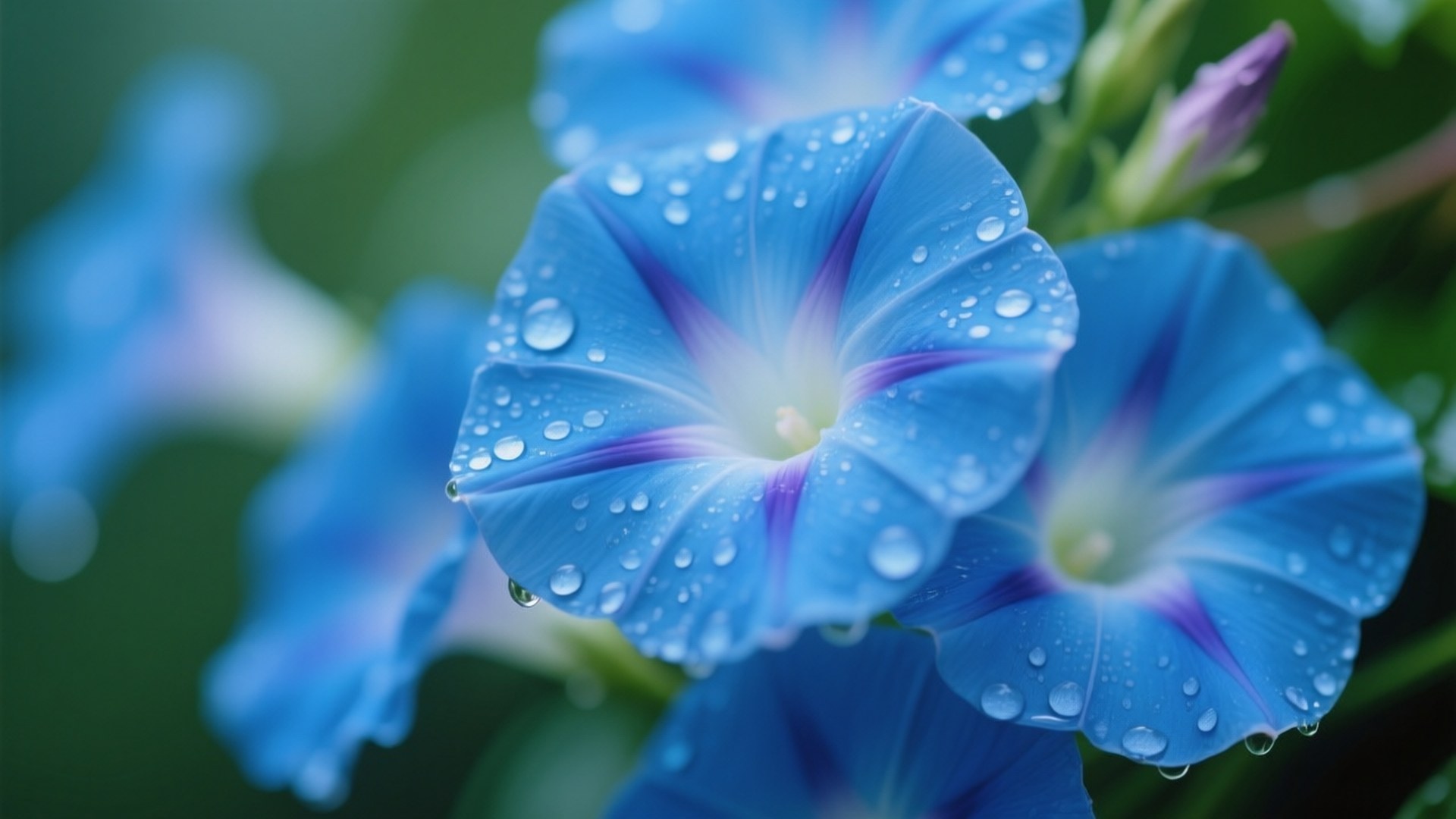Raindrops Blue Morning Glory 壁紙 — 鮮豔的藍色牽牛花在柔和的綠色模糊背景上閃爍著露珠。