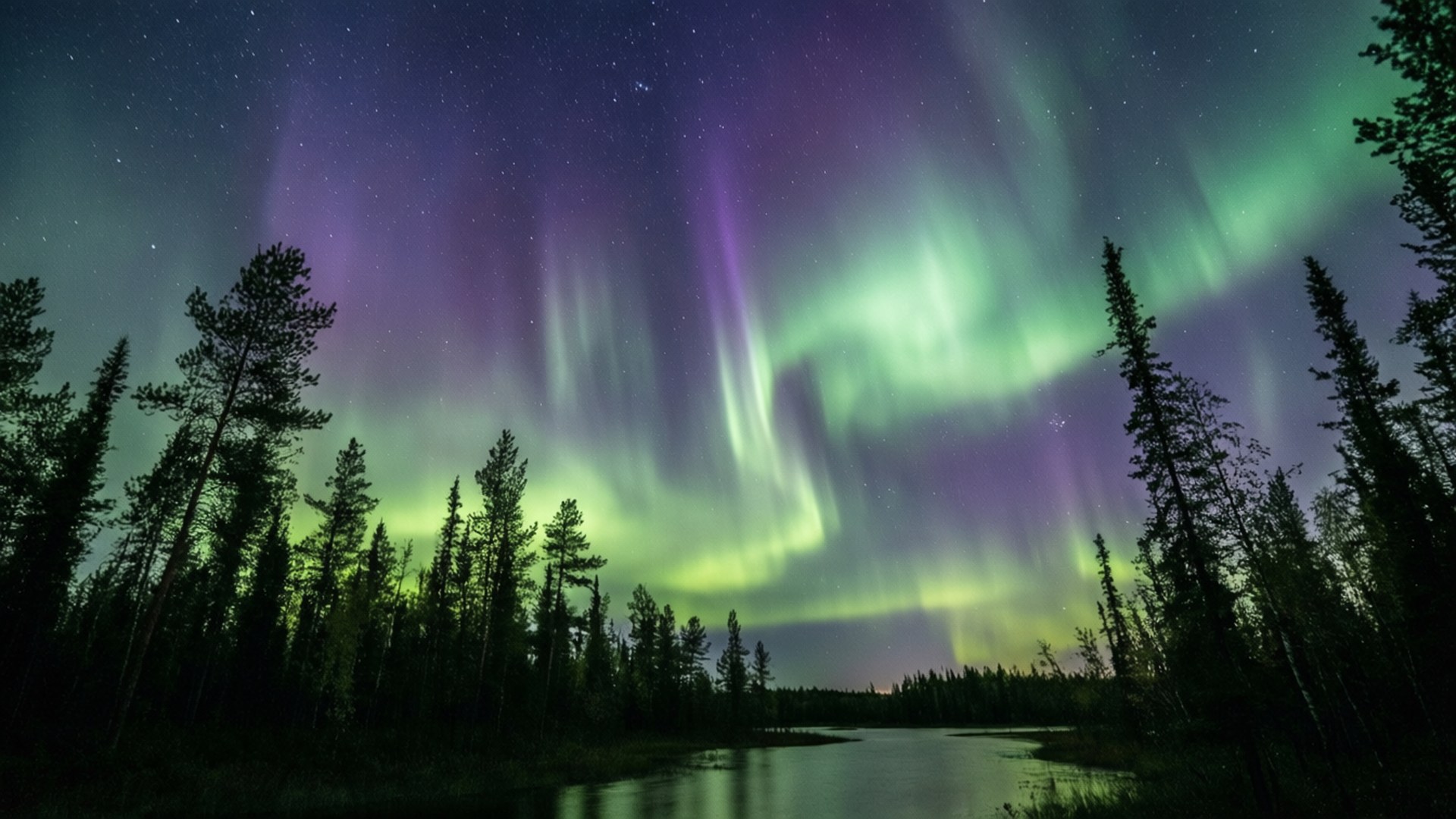 Northern Lights Over Boreal 壁紙 — 鮮豔的綠色和紫色極光在黑暗森林和寧靜河流上方的星空夜空中舞動。