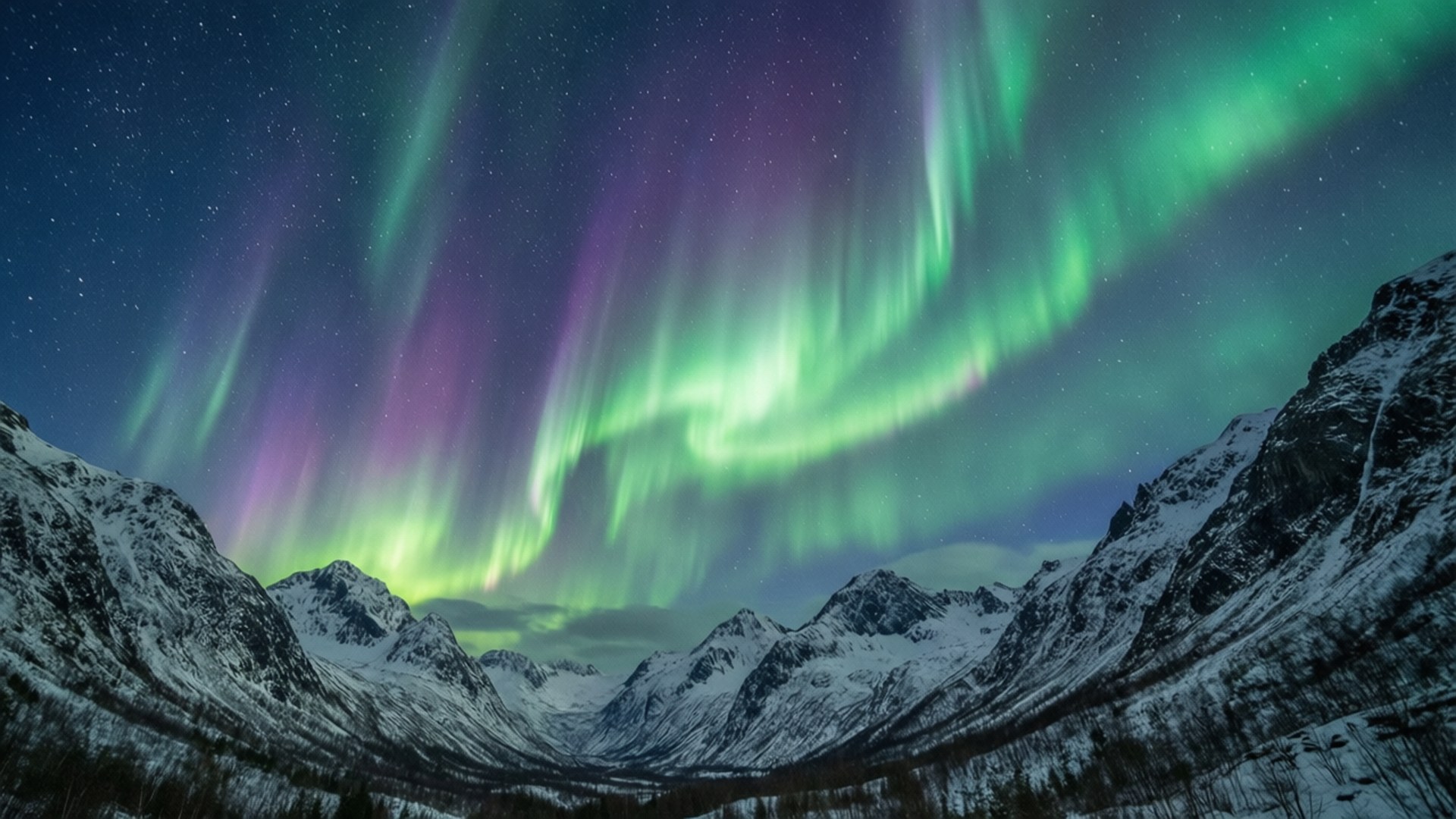 Aurora Over Snowcaps 壁紙 — 鮮豔的綠色和紫色極光在星空下舞動，映照著積雪的山峰。