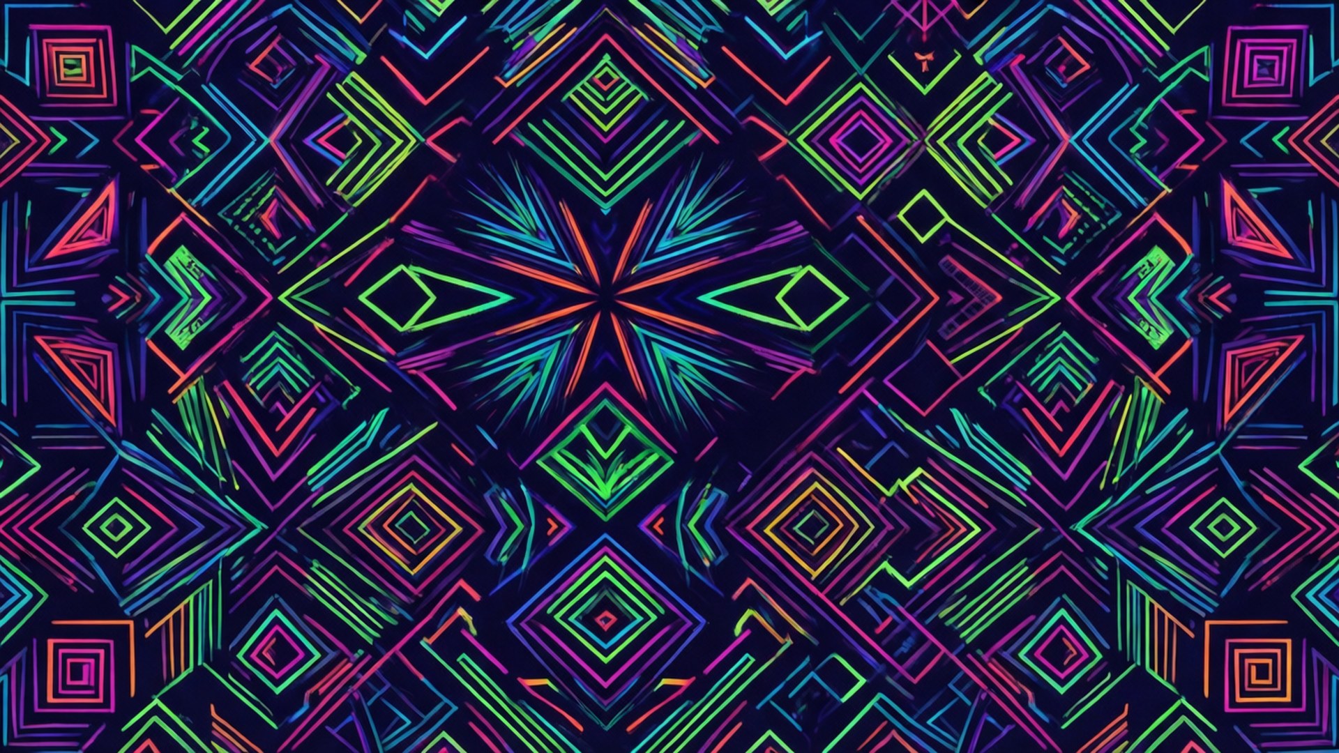 Neon Geometric Pattern 壁紙 — 鮮豔的霓虹幾何圖案從中央的星爆向四周輻射，背景為深色。