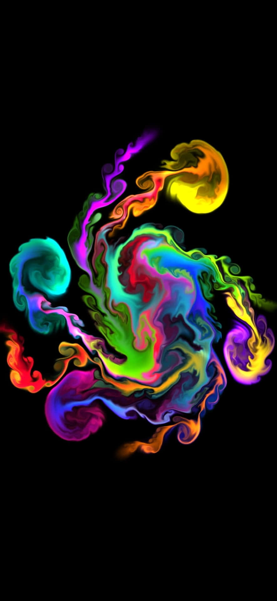  壁紙 — 鮮豔的霓虹色彩像液體顏料般旋轉流動，在純黑背景上形成抽象的宇宙爆炸效果。