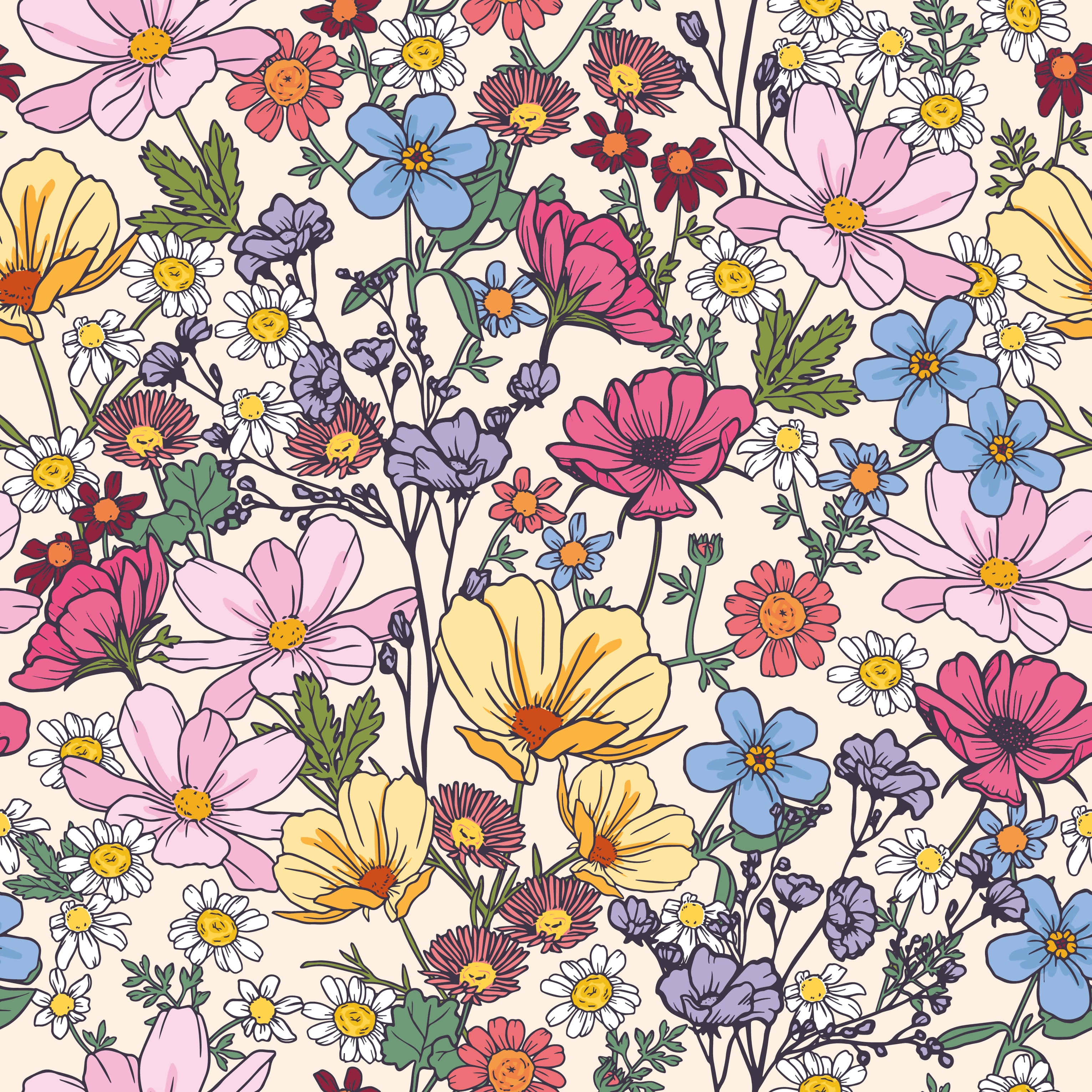 Wildflower 桌布 壁紙 — 鮮豔的手繪花朵，粉紅、藍、黃、紅色，在柔和的奶油色背景上密集綻放。