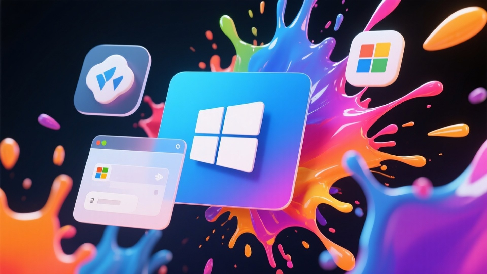 漂浮的 Windows 應用程式圖示被彩色油漆潑濺包圍在深色背景上 — Windows 11 壁紙