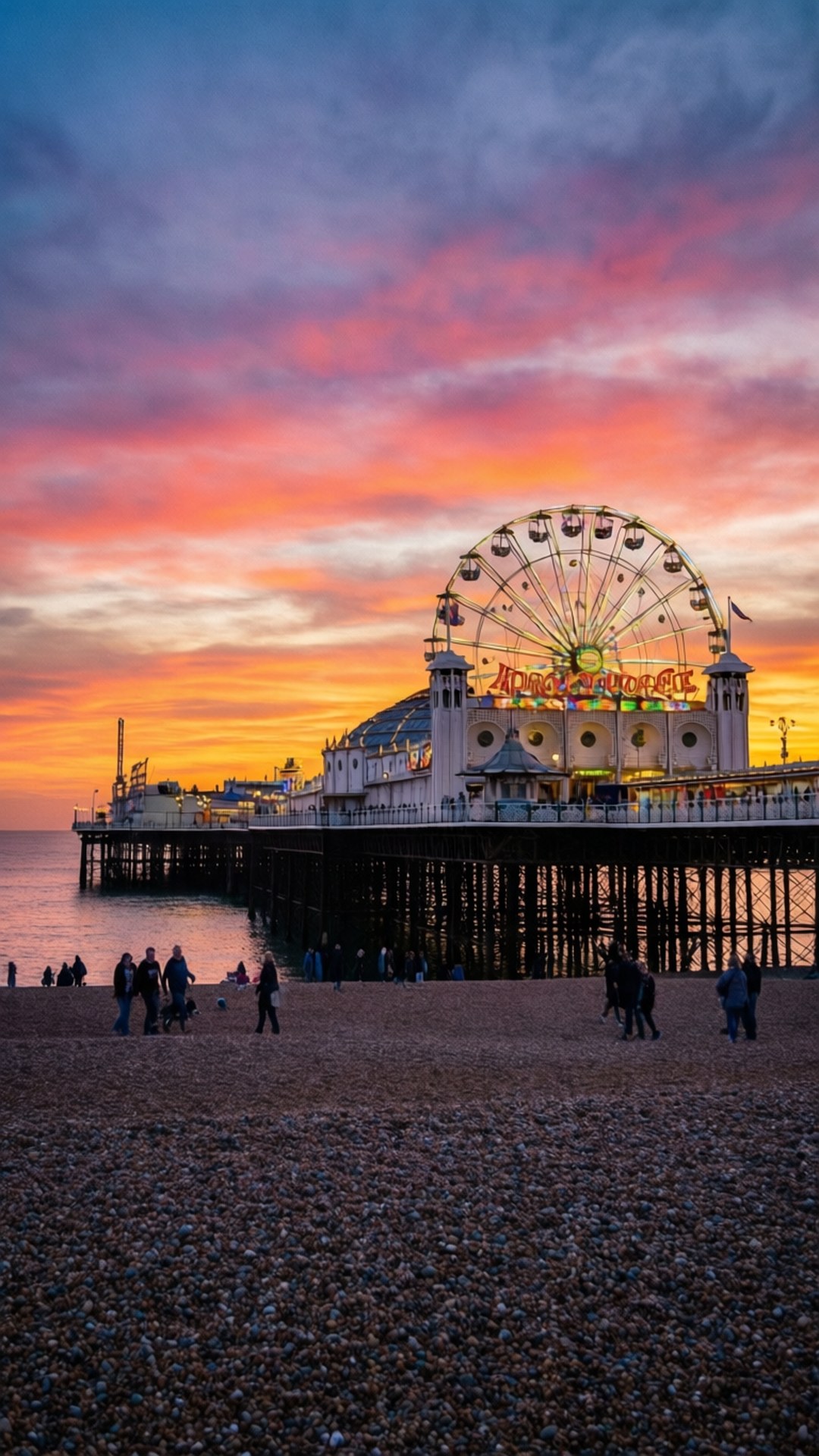 Brighton Pier Sunset 壁紙 — 鮮豔的夕陽在布萊頓碼頭亮燈的摩天輪和遊戲廳上空，將天空染成火熱的橙色和粉紅色調。