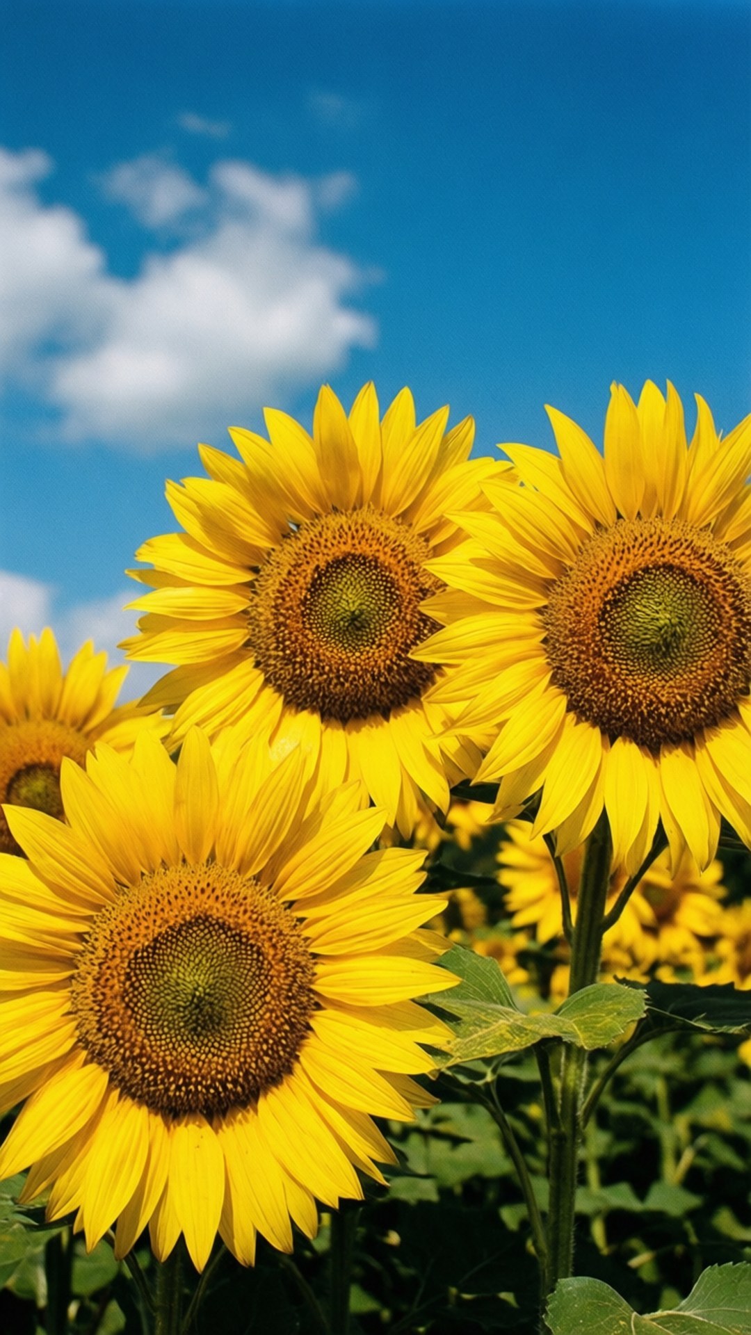 Sunflowers under Blue Sky 壁紙 — 鮮豔的向日葵，有著明亮的黃色花瓣和深色花心，在晴朗的藍天和 fluffy 白雲下盛開。