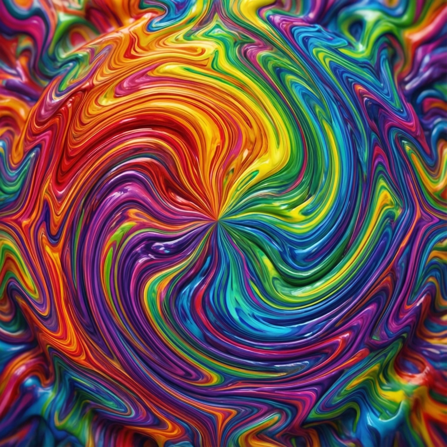 Rainbow Swirl Mandala 壁紙 — 鮮豔的旋轉彩虹色在流體運動中混合，產生催眠般的迷幻漩渦效果。
