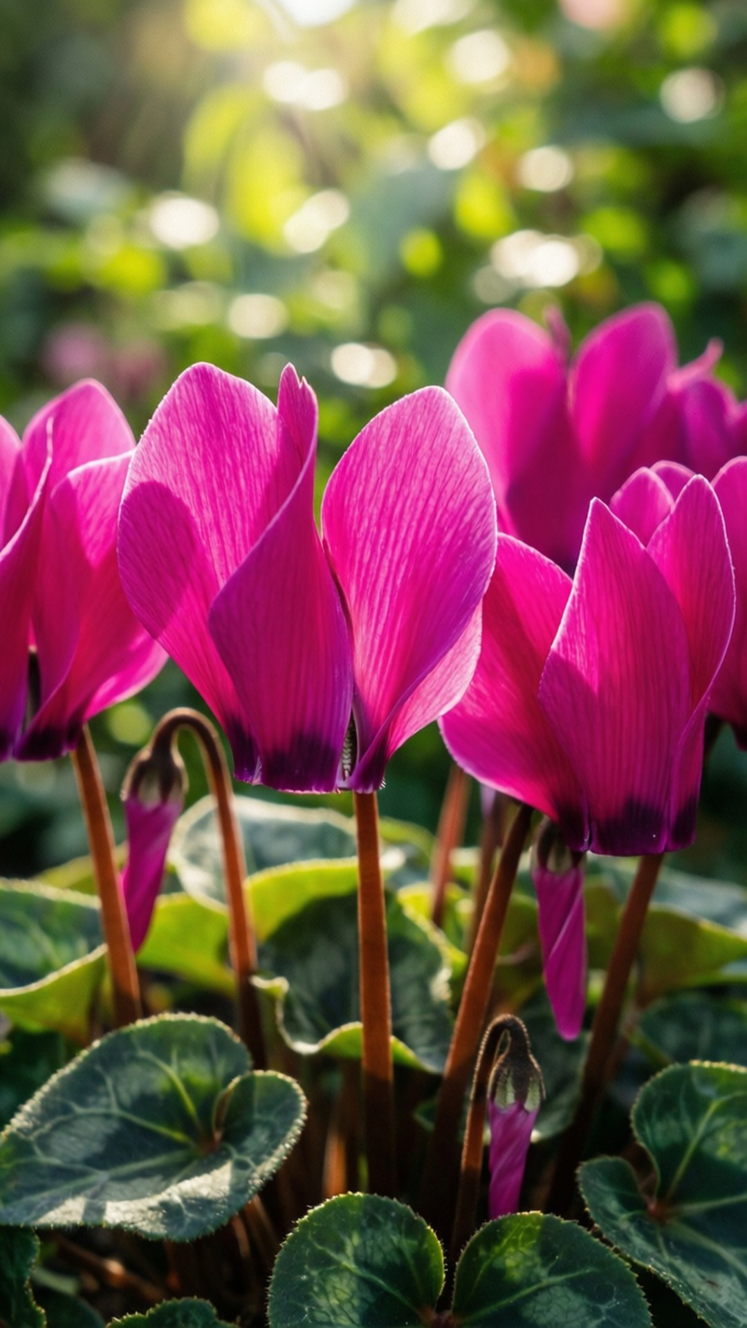 Magenta Garden Cyclamen 壁紙 — 鮮豔的洋紅色仙客來花朵在柔和的綠色散景背景下綻放，花瓣精緻。