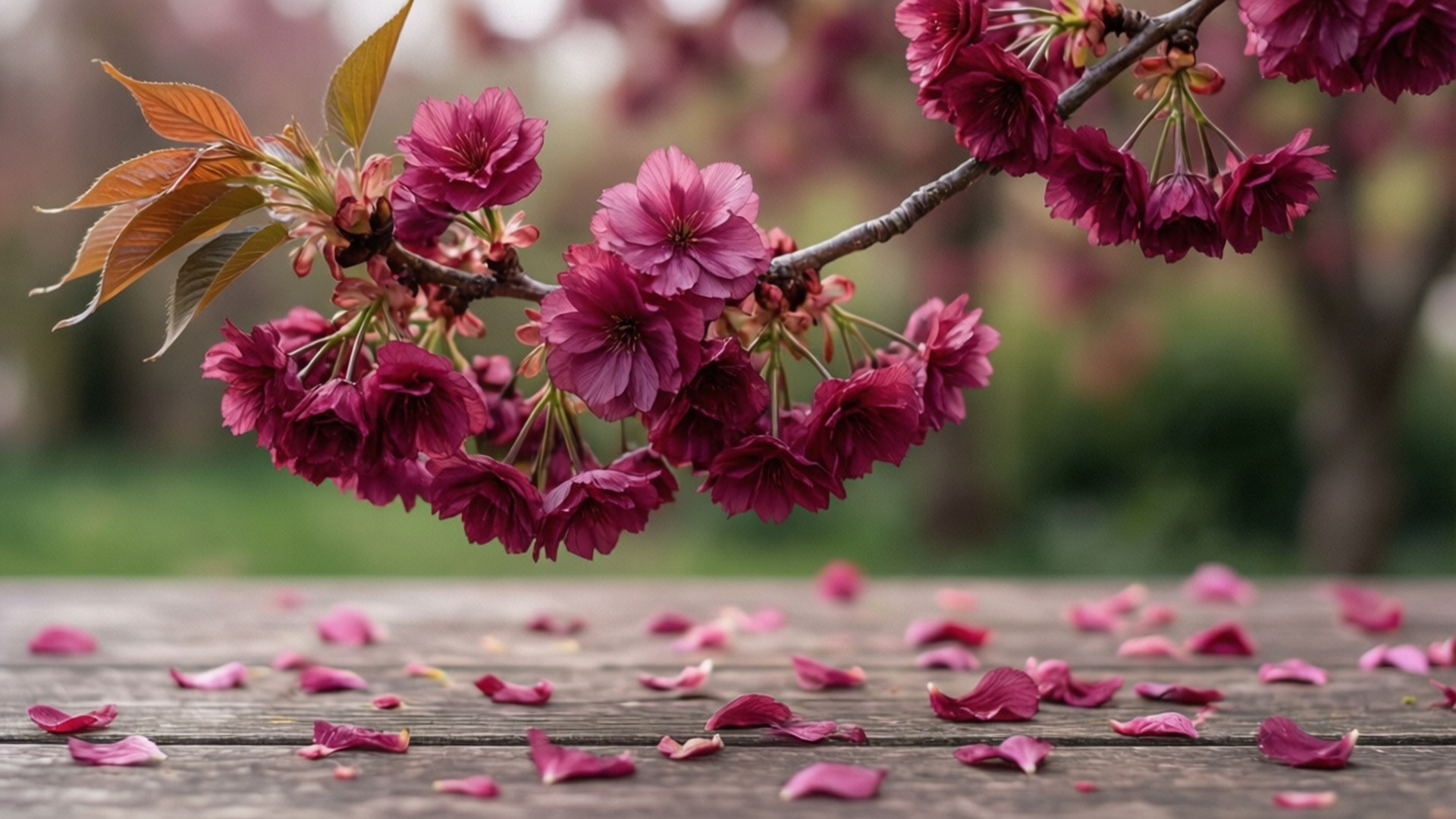 Cherry Blossom Serenity 壁紙 — 鮮豔的洋紅色櫻花從樹枝上垂下，落在風化的木質表面上，散落著花瓣。
