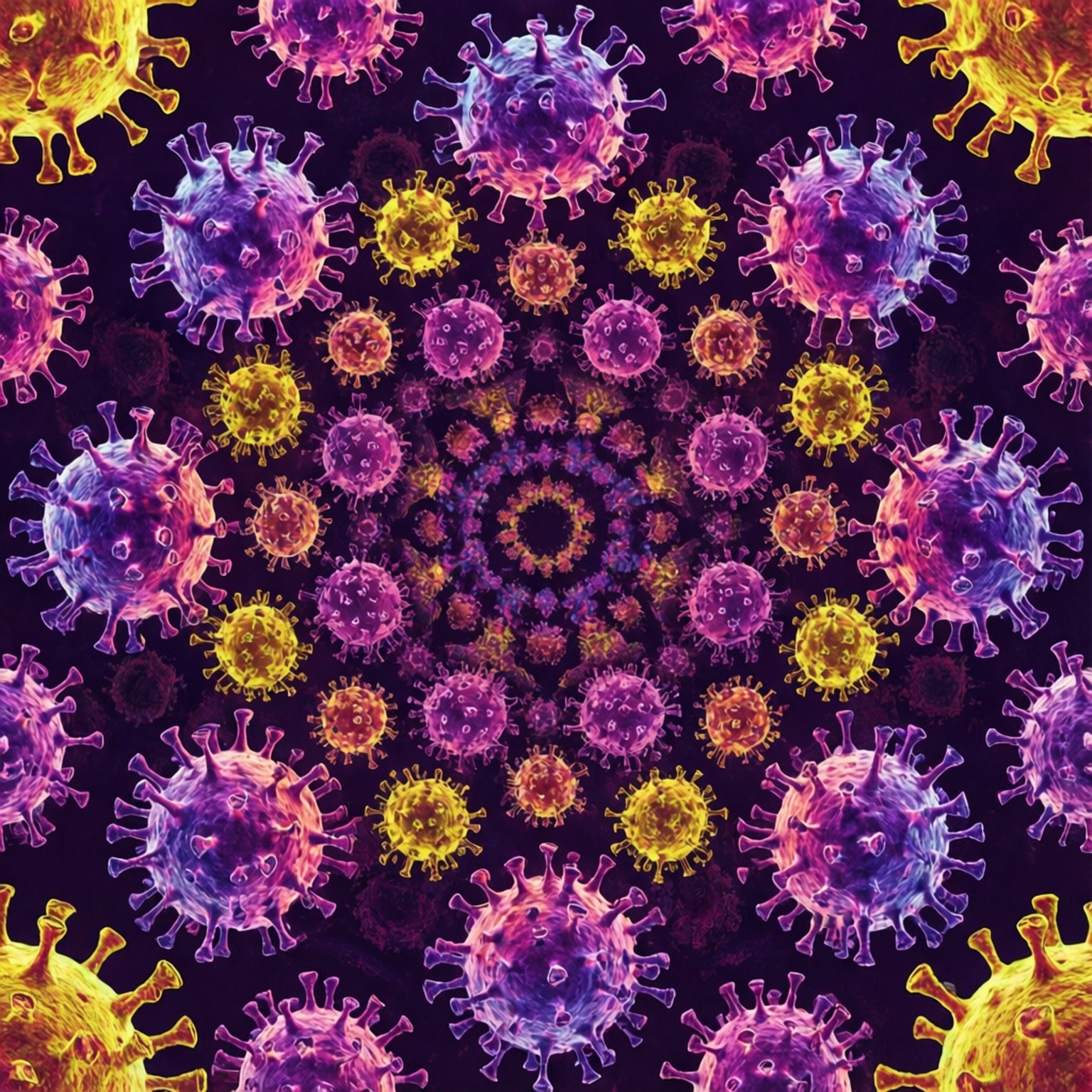Psychedelic Mandala 壁紙 — 鮮豔的紫色和金色病毒顆粒在深色背景上以對稱的放射狀圖案排列。