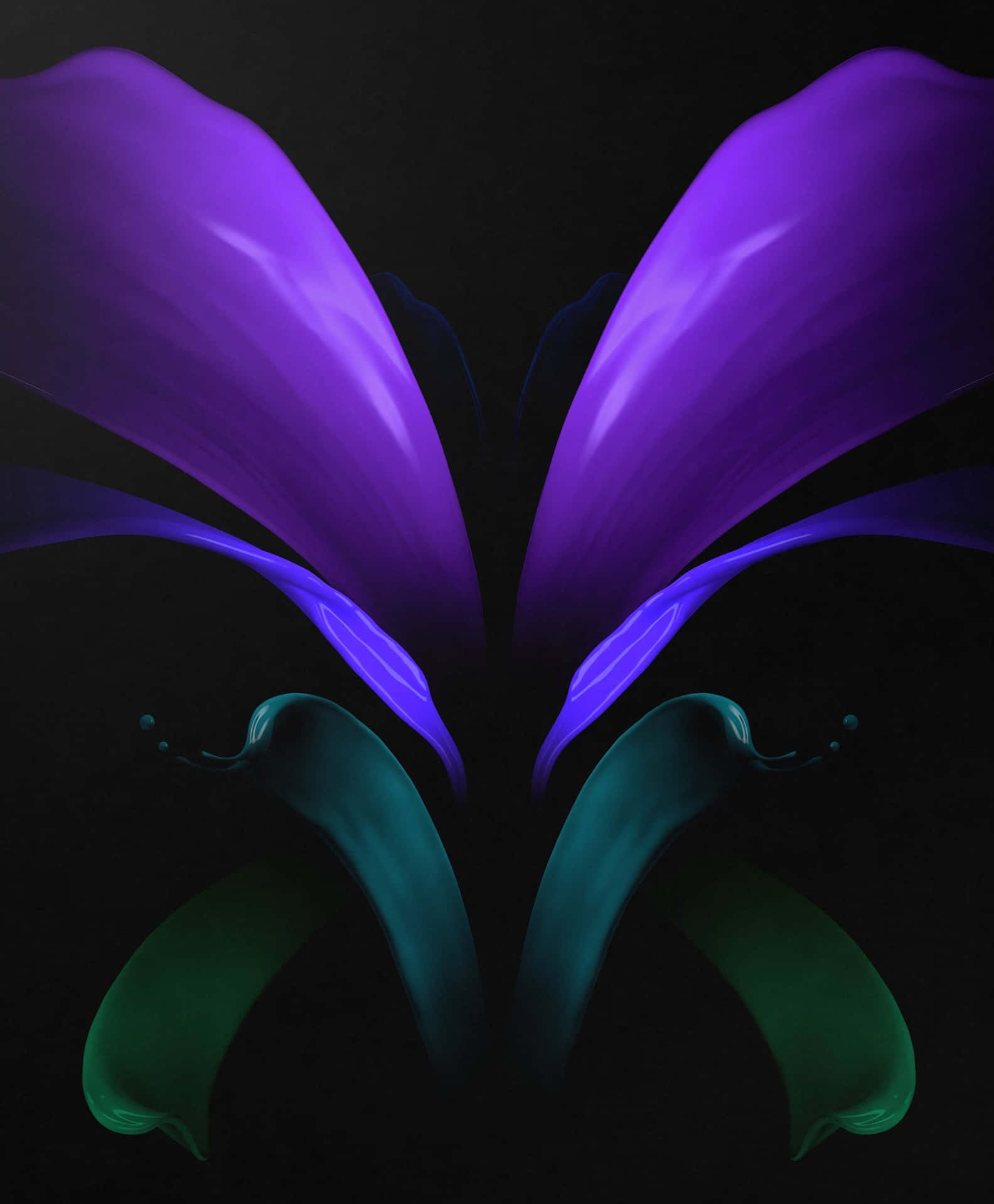  壁紙 — 鮮豔的紫色和藍綠色抽象花瓣在黑色背景上發光，形成對稱的數位藝術構圖。