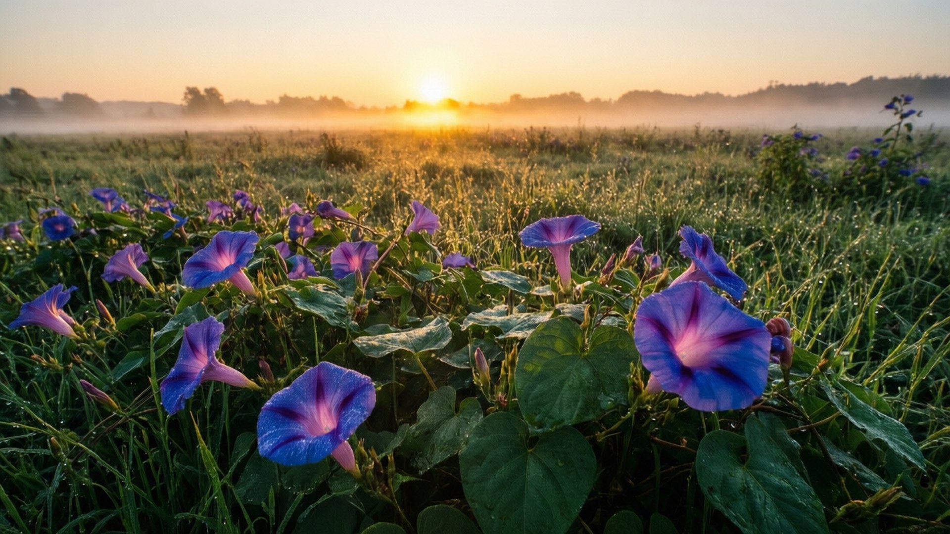 Field at Sunrise 壁紙 — 鮮豔的紫色牽牛花在日出時於帶露水的草地上盛開，伴隨著薄霧和金色光芒。