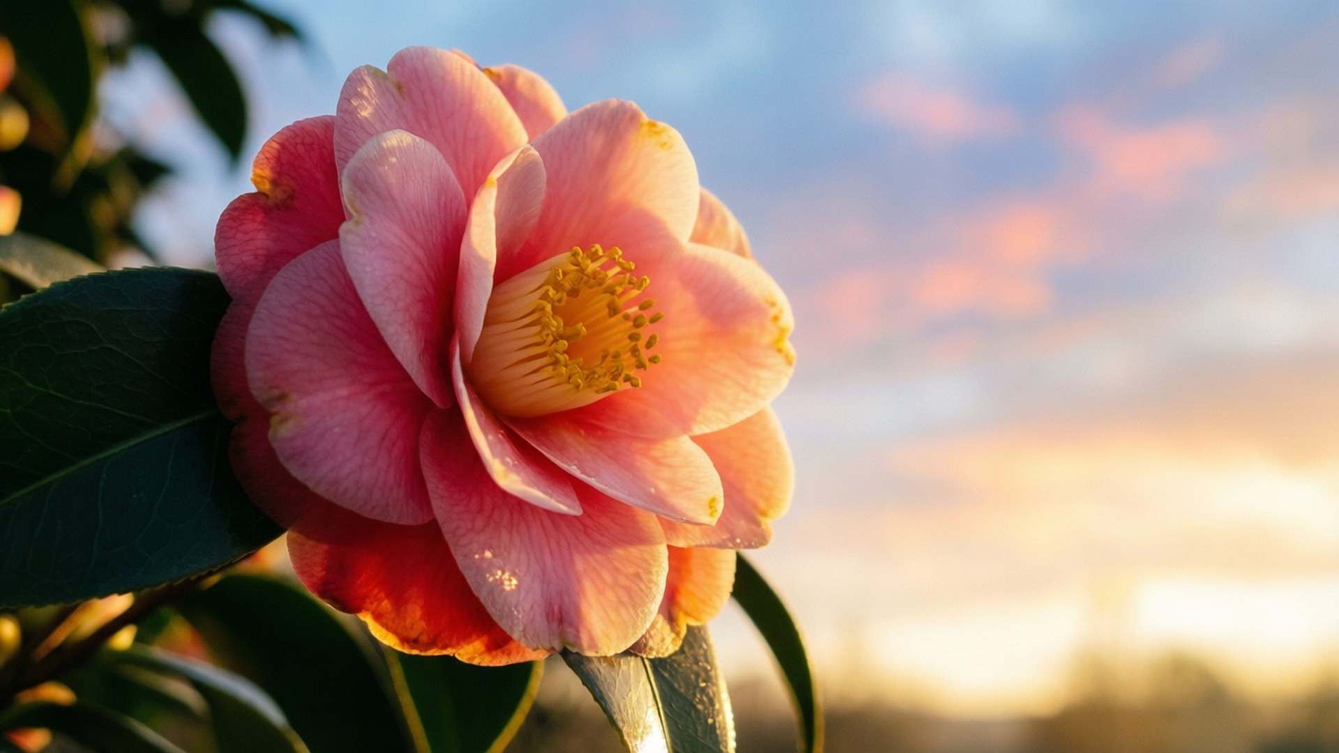 Sunrise Camellia 壁紙 — 一朵鮮豔的粉紅色山茶花，帶有黃色雄蕊，在柔和夕陽天空和散雲的襯托下綻放。