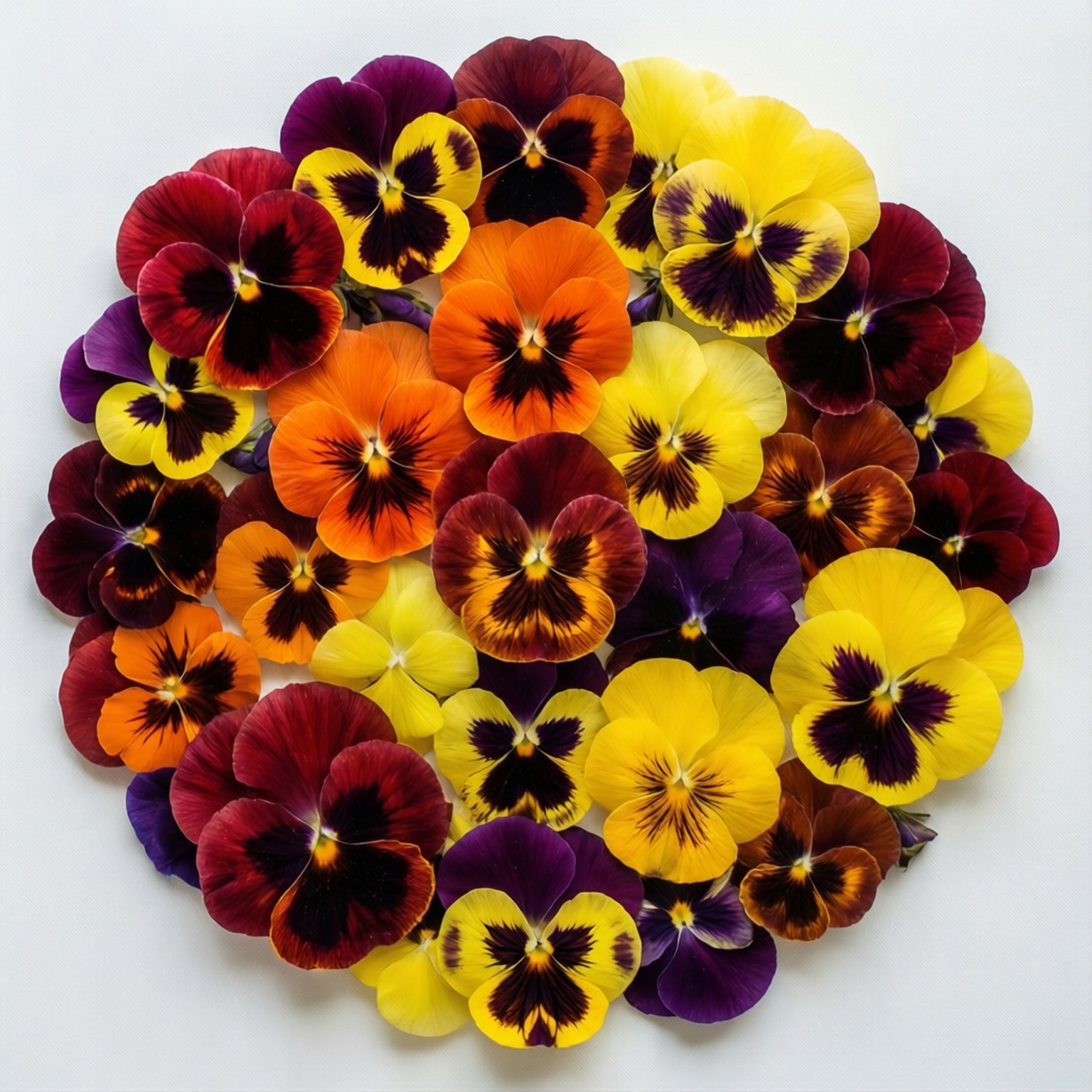 Pansy Mandala Pattern 壁紙 — 鮮豔的圓形排列，由紅色、橙色、黃色和紫色的多彩三色堇組成，背景為純白色。