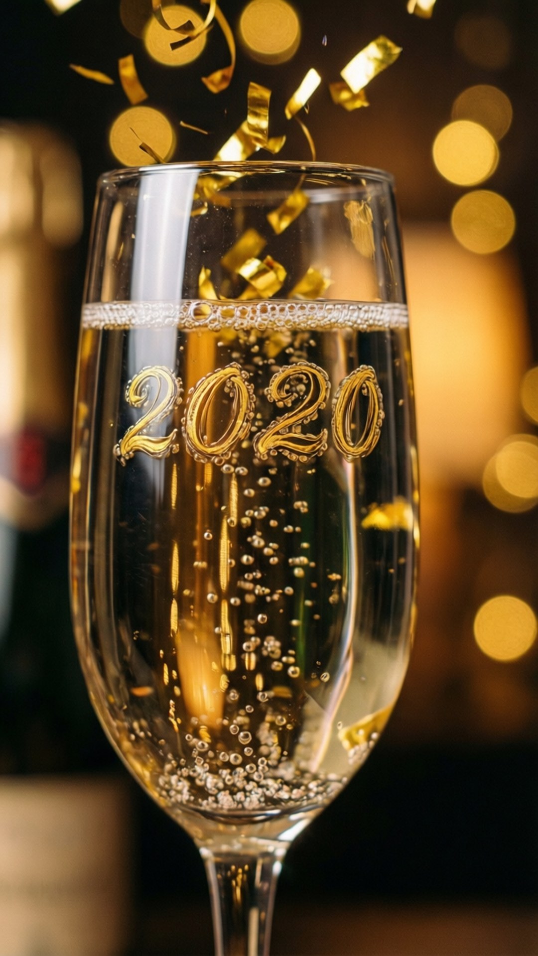 Champagne Toast 2020 壁紙 — 一個裝滿氣泡金色液體和漂浮金色紙屑的香檳杯，杯側刻有「2020」。