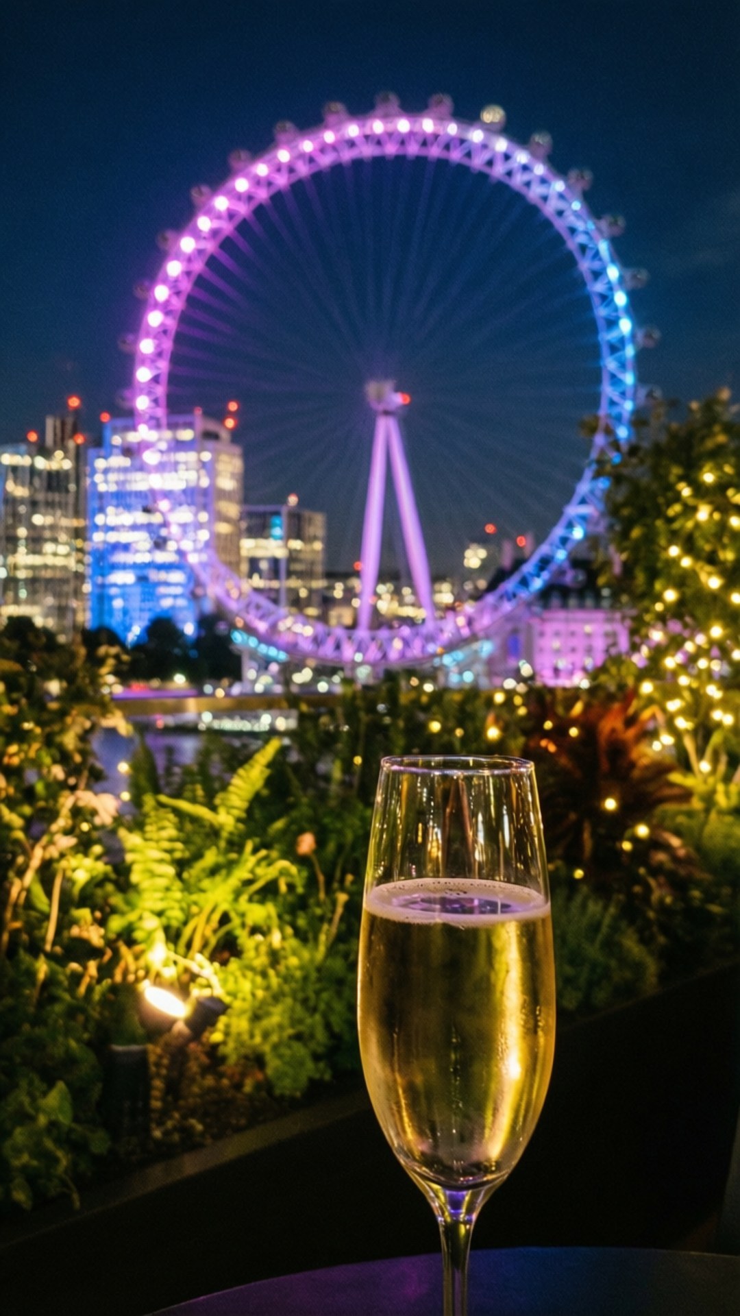 Rooftop Romance London 壁紙 — 香檳杯在前景閃耀，倫敦眼在夜間茂密綠植後方發出紫色和藍色光芒。