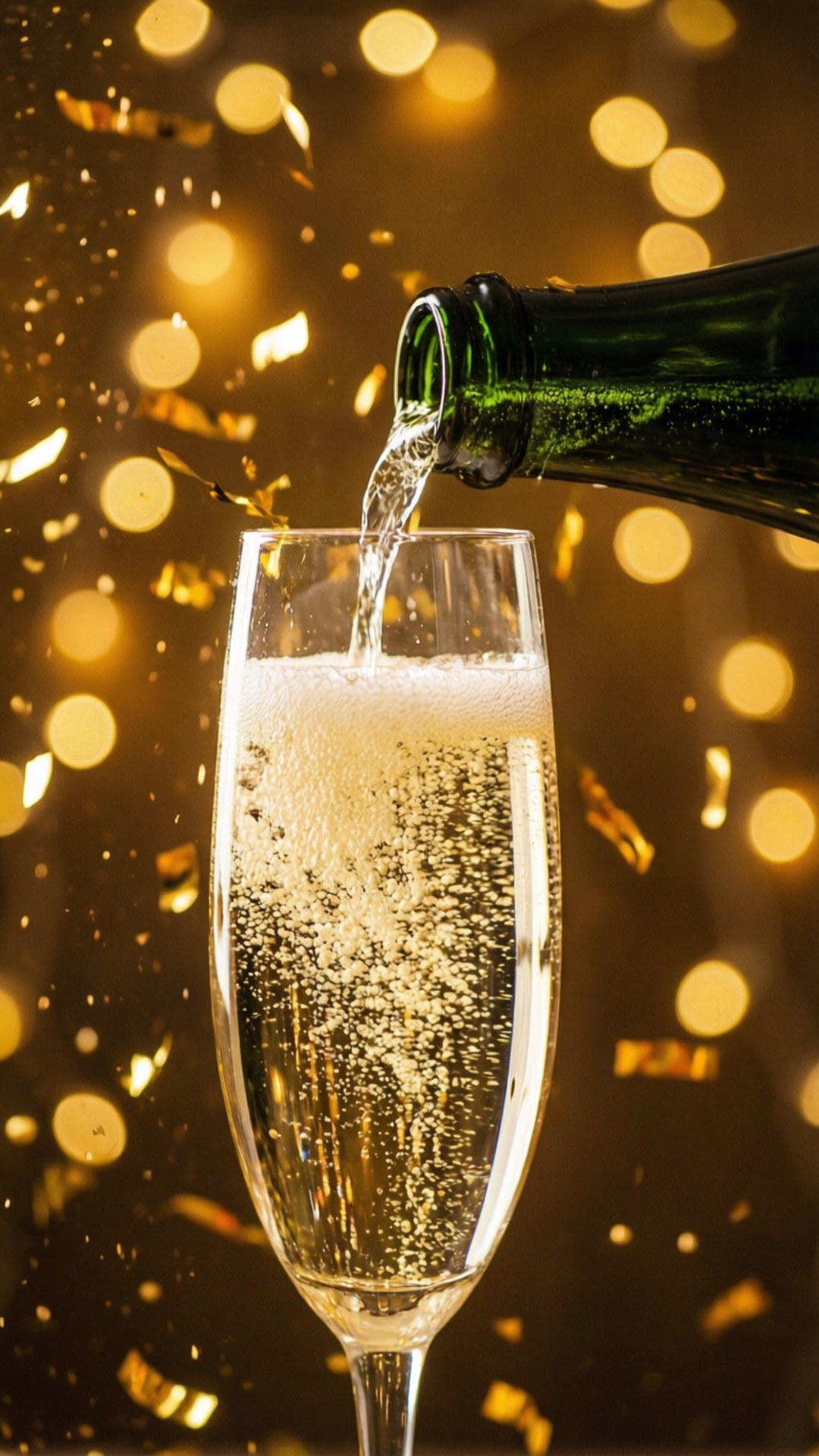 Champagne Toast 2022 壁紙 — 香檳倒入笛形杯，背景是金色散景和飄落的五彩紙屑。