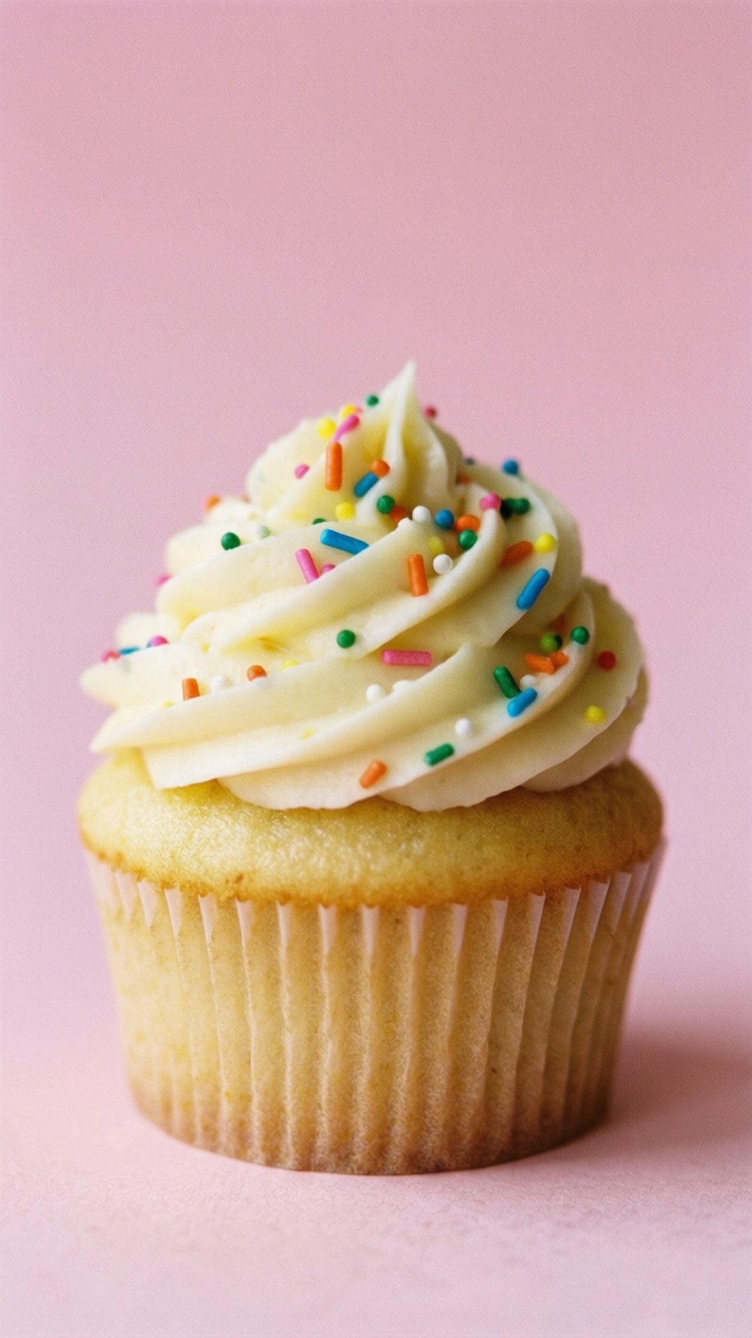 Sprinkled Vanilla Cupcake 壁紙 — 一個單一的香草紙杯蛋糕，帶有奶油糖霜和彩色糖粒，放在柔和的粉紅色背景前。