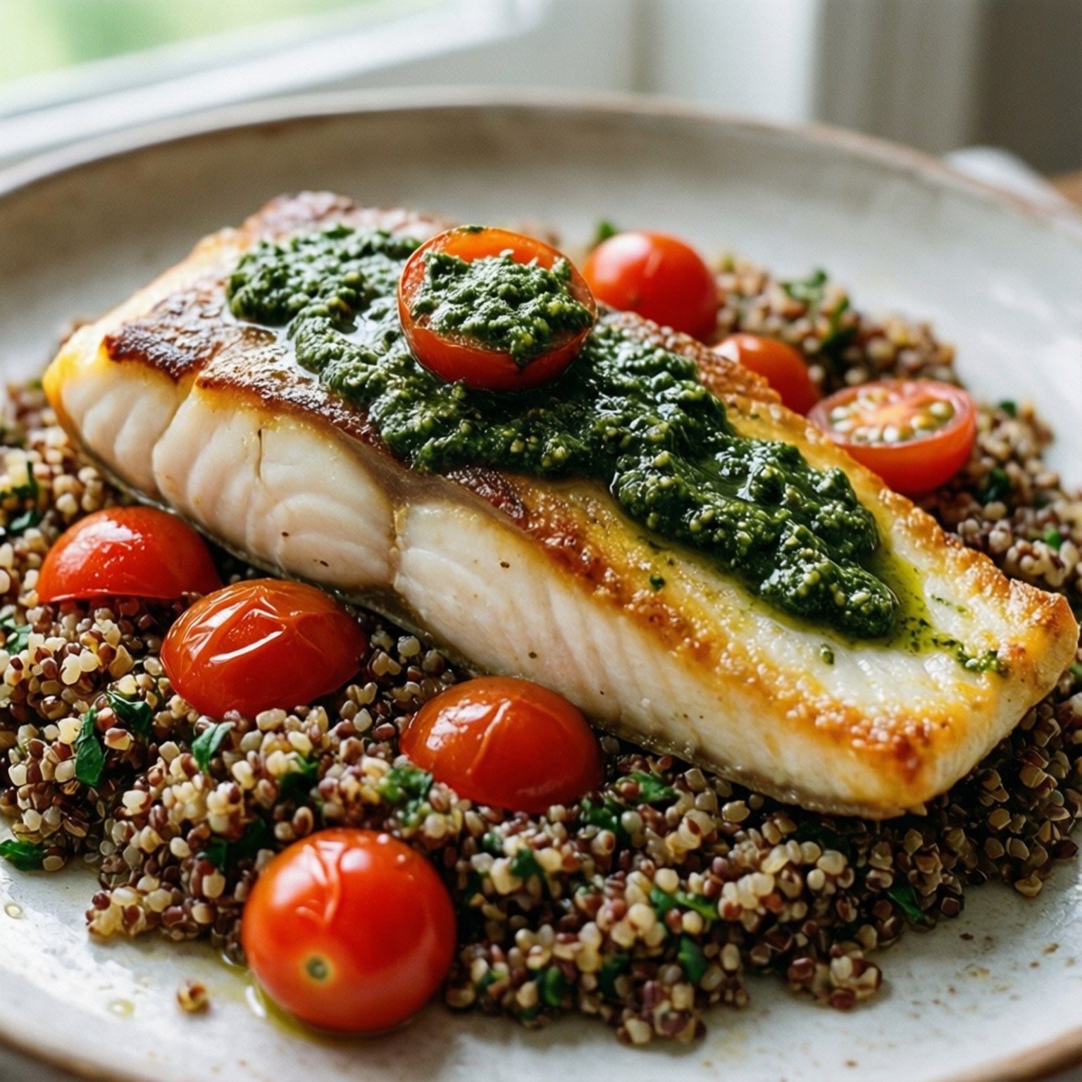 Pesto Baked Halibut 壁紙 — 香煎魚柳配上鮮綠色香草醬和半個櫻桃番茄，放在色彩繽紛的藜麥上。