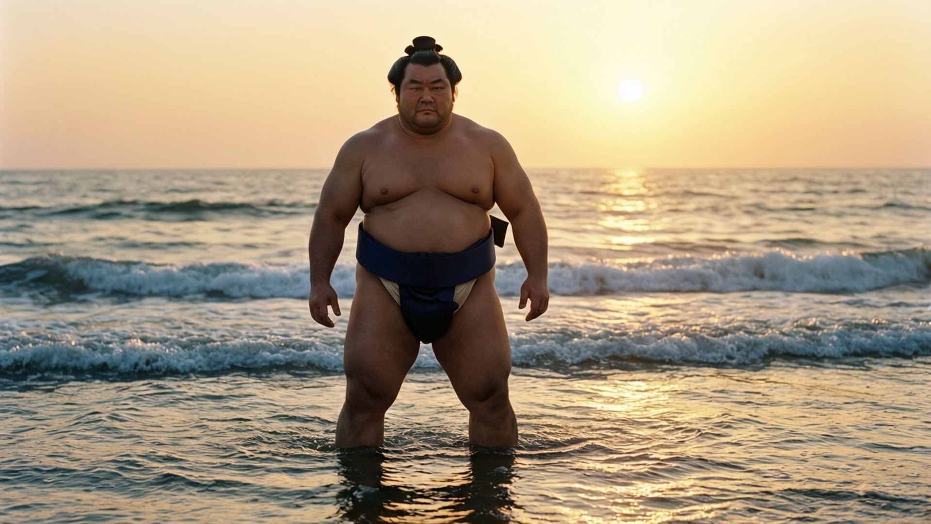 sumo 桌布 壁紙 — 一位相撲選手站在淺海水中，夕陽在他身後落下，將金色光芒灑在波浪和他肌肉發達的身形上。