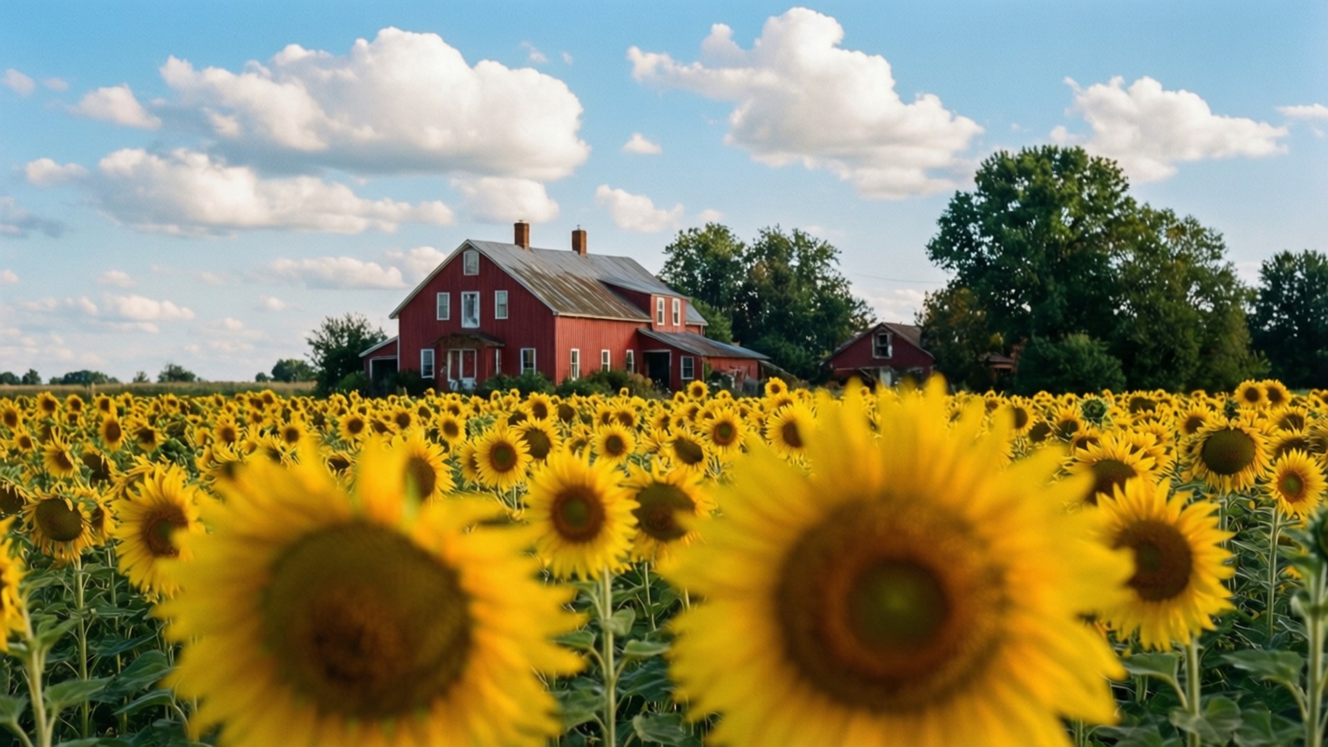Farmhouse Sunflower Field 壁紙 — 一片充滿活力的向日葵田向著經典的紅色農舍延伸，天空湛藍，白雲朵朵。
