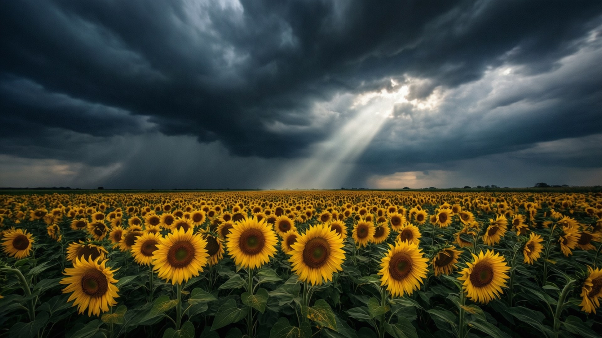Storm Over Sunflowers 壁紙 — 一片廣闊的鮮黃色向日葵田在戲劇性的黑暗暴風雨天空下延伸，燦爛的陽光穿透雲層。
